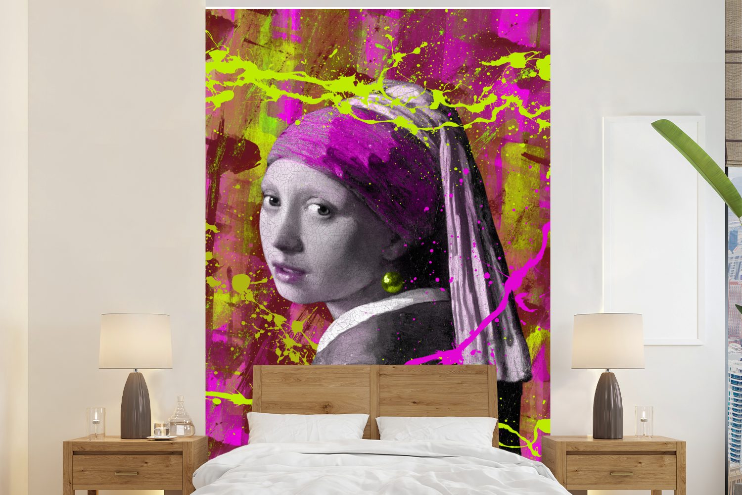 MuchoWow Fototapete Das Mädchen mit dem Perlenohrring - Johannes Vermeer - Neon, Matt, bedruckt, (3 St), Montagefertig Vinyl Tapete für Wohnzimmer, Wandtapete