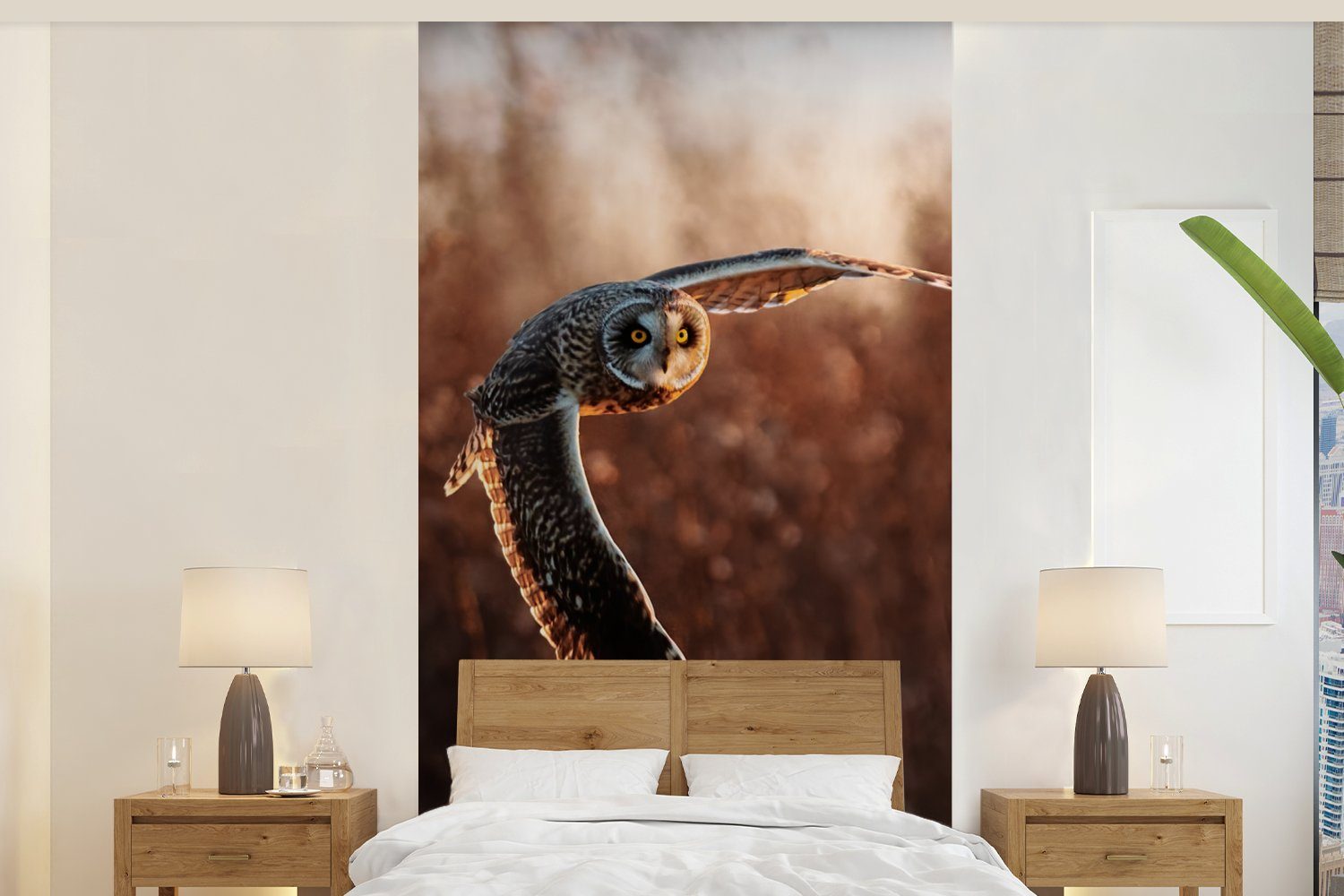 Vliestapete Natur, Vogel Sonnenuntergang Wohnzimmer - Eule - Fototapete Schlafzimmer Küche, Matt, Fototapete (2 MuchoWow für - bedruckt, St),