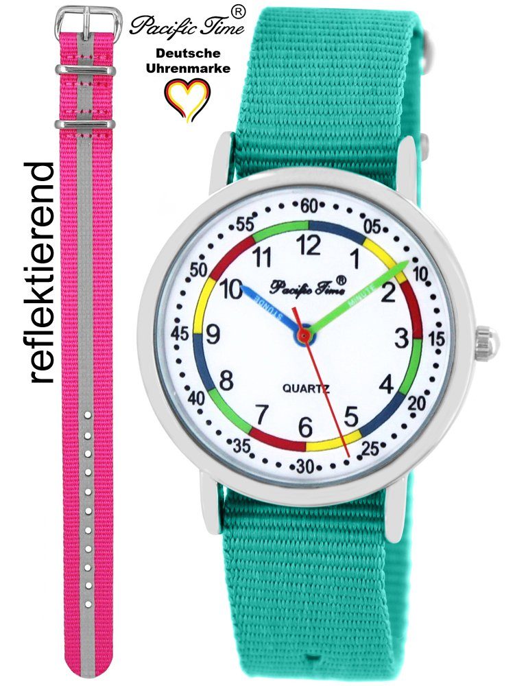Pacific Time pink Gratis Set und Kinder Reflektor Quarzuhr - Lernuhr Match Design Armbanduhr First Wechselarmband, Versand und türkis Mix