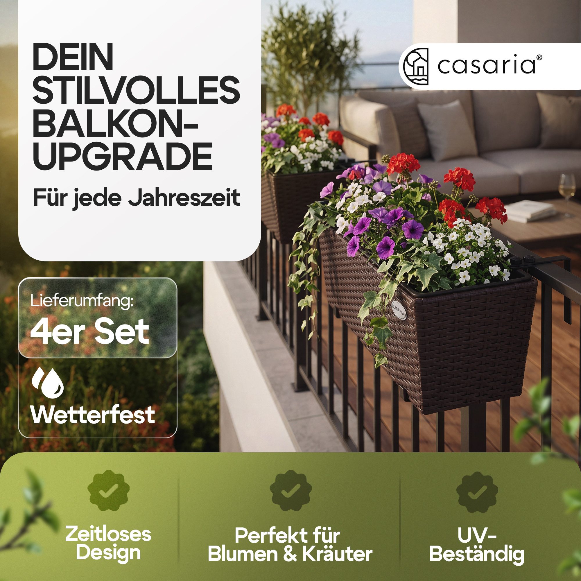 Casaria Blumenkasten, 4er Set 11 Liter Montagehalterung Indoor Outdoor Geländerkasten