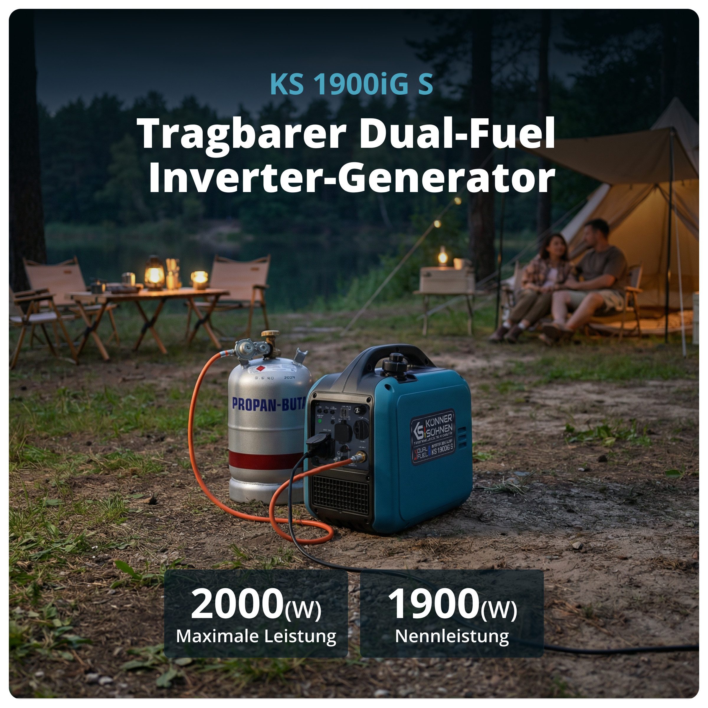 Könner & Söhnen Stromerzeuger KS 1900iG S, 1900 in kW, (Hybrid Inverter 2kW (Benzin/LPG) – ultraleicht 17kg, 1-tlg., Dual Fuel LPG/Benzin, 2000W Peak, reine Sinuswelle, Eco-Mode), Inkl. Gasschlauch, USB-Ports, nur 17kg, Parallelfunktion