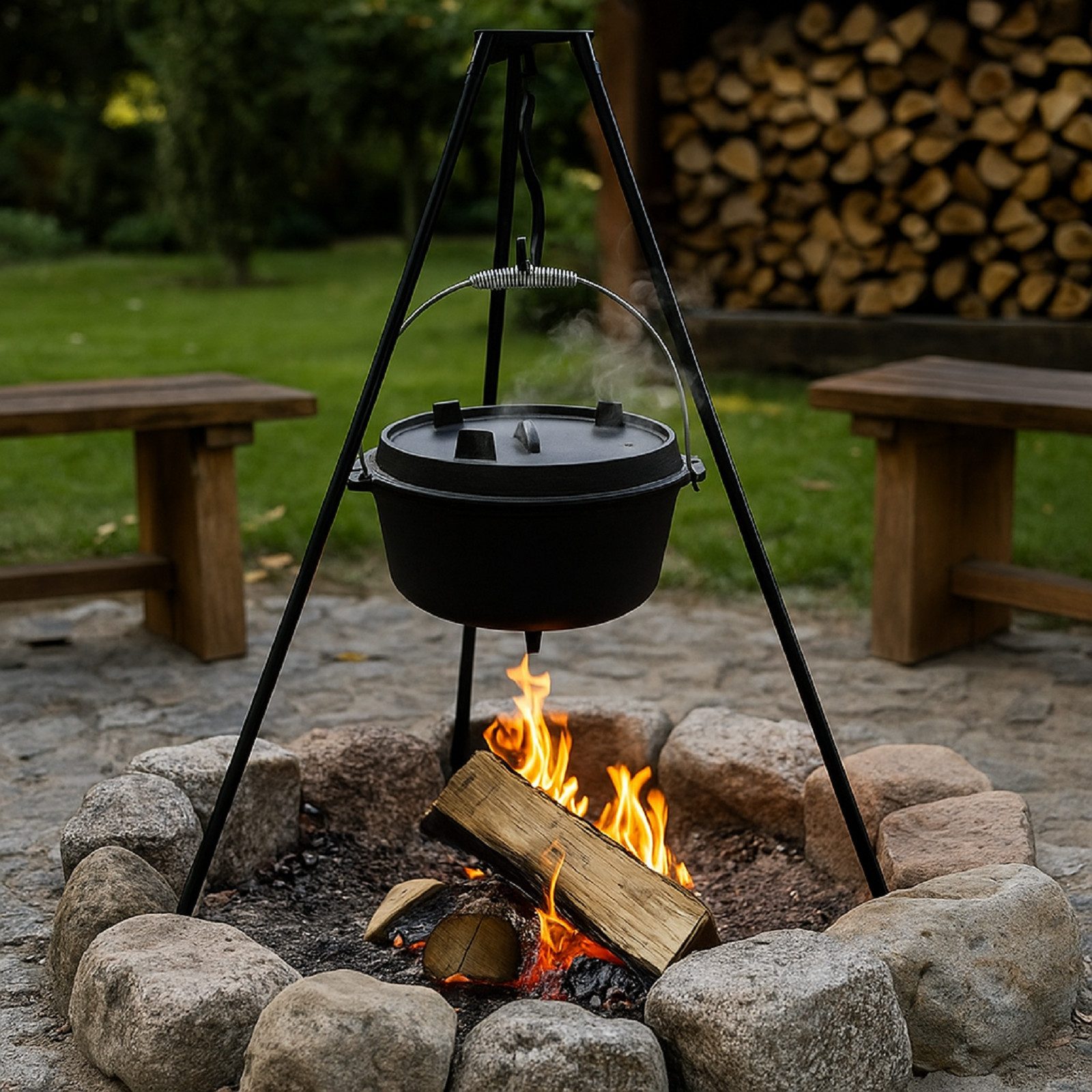 QLS Feuertopf aus Gusseisen Dutch Oven 6L mit Deckelheber BBQ, Gusseisen, Robust, massiv & beständig, praktisch & sicher, natürlich & gesund