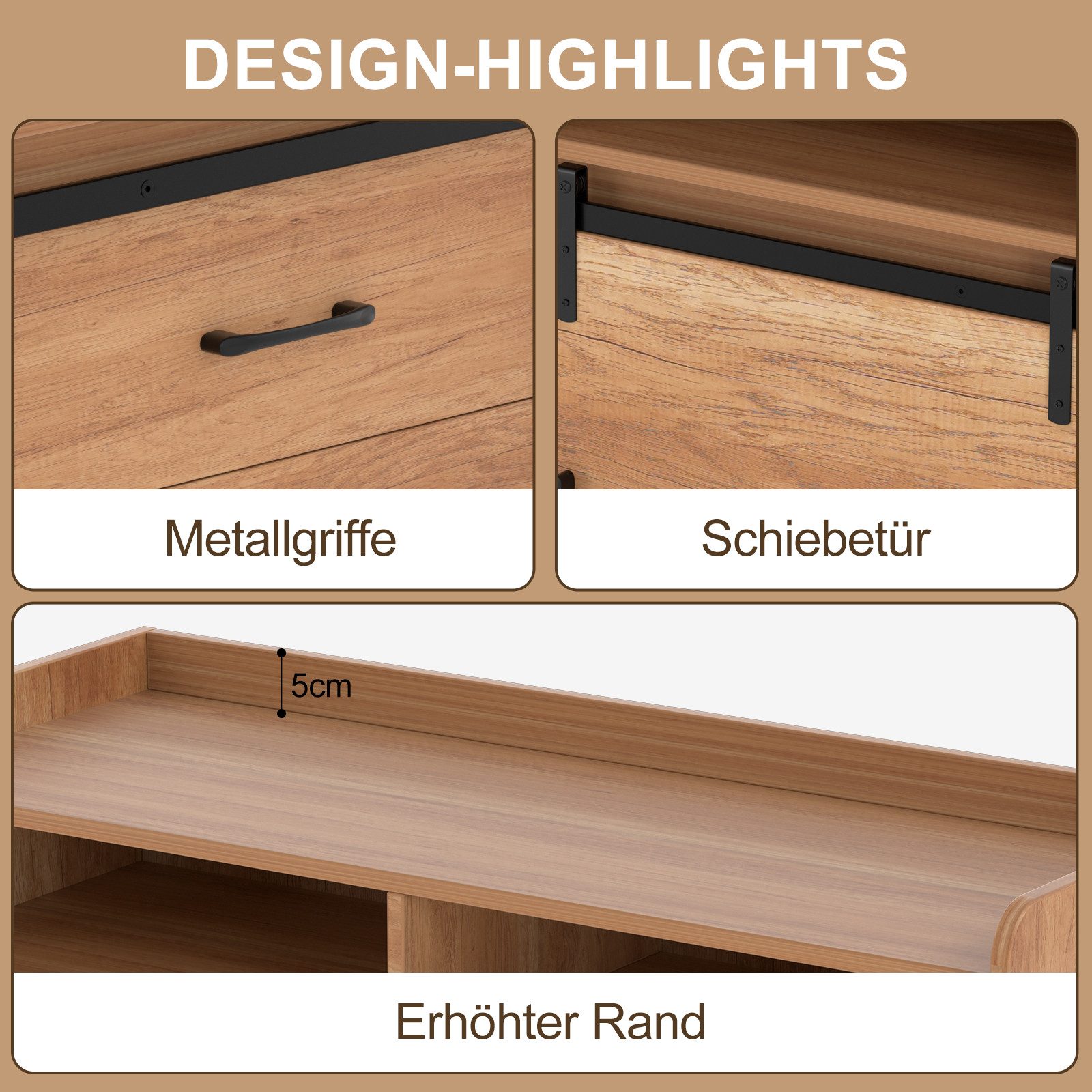HOMAVO Sideboard HG1 kommode mit Schiebetüren & 4 Schubladen – 107 & 140 cm (FSC®, viel Stauraum, pflegeleicht), für Wohnzimmer Schlafzimmer Büro Flur – Bild 5 von 5