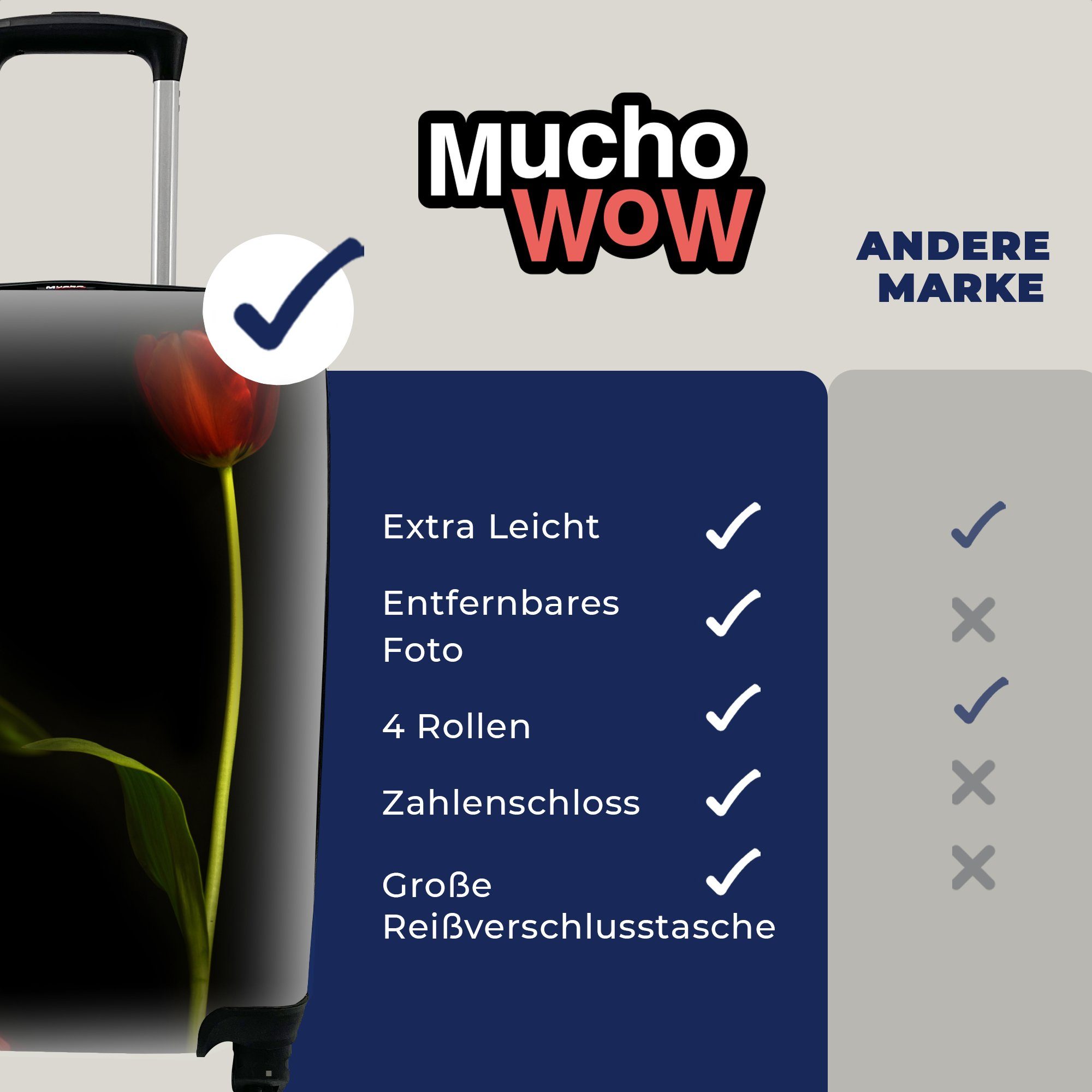 MuchoWow Handgepäckkoffer Zwei rote Tulpen Trolley, Reisekoffer schwarzem 4 auf Hintergrund, rollen, Rollen, Ferien, mit Reisetasche für Handgepäck