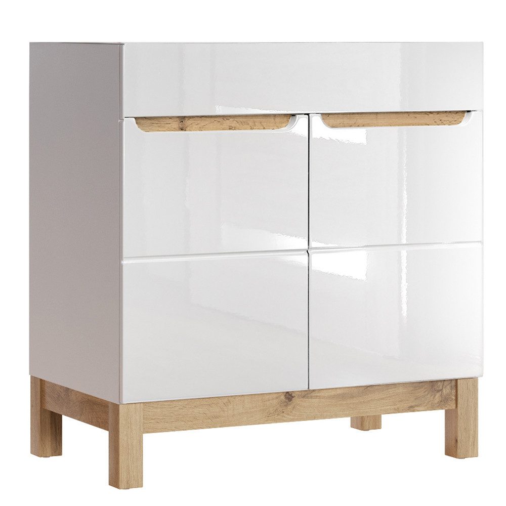 Lomadox Waschbeckenschrank SOLNA-56 Waschtischunterschrank 80 cm Hochglanz weiß mit Wotaneiche 80x85x46cm
