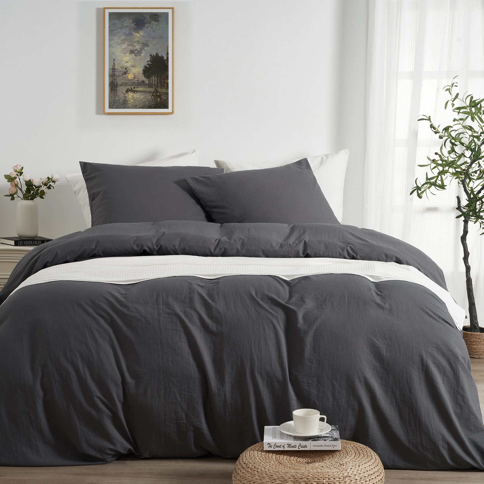 Topfinel Bettwäsche Bettwäsche 135x200 4teilig weiche Vorgewaschene Hautfreundlich, 100% Mikrofaser, 4 teilig, 2 Bettbezüge 135 x 200 2 Kissenbezüge 80x80 Reißverschluss Anthrazit