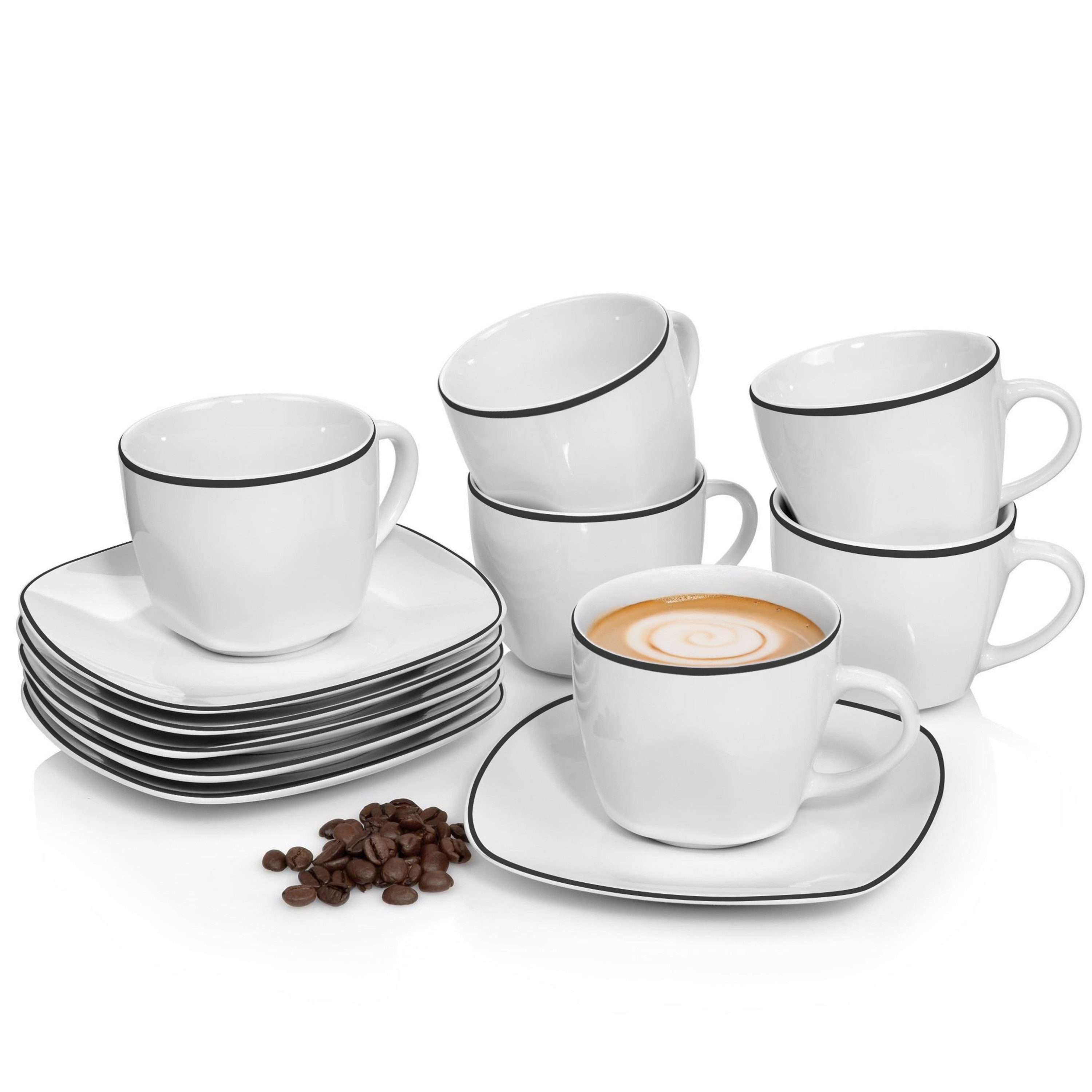 SÄNGER Kaffeeservice Bilgola Black Rim Tassen Set (12-tlg), 6 Personen, Porzellan, 150ml, ⌀8x8cm, spülmaschinengeeignet, Premium Collection