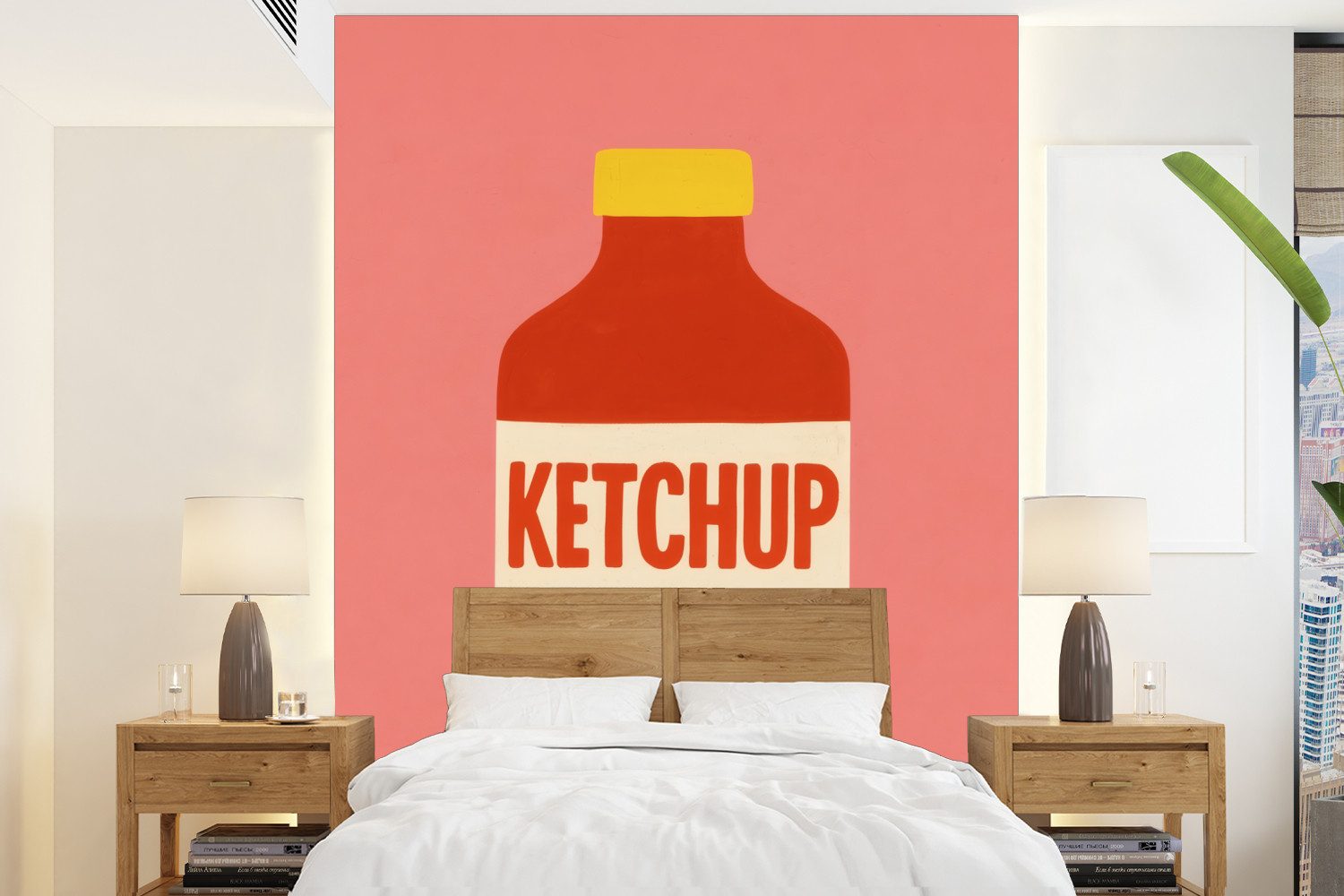 MuchoWow Fototapete Ketchup - Flasche - Rot - Minimalistisch, Matt, bedruckt, Montagefertig Vinyl Tapete, Wandtapete, 190x260 cm