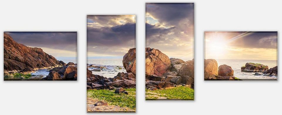 wandmotiv24 Mehrteilige Bilder Küste bei Sonnenuntergang, Landschaft (Set,  4 St), Wandbild, Wanddeko, Leinwandbilder in versch. Größen