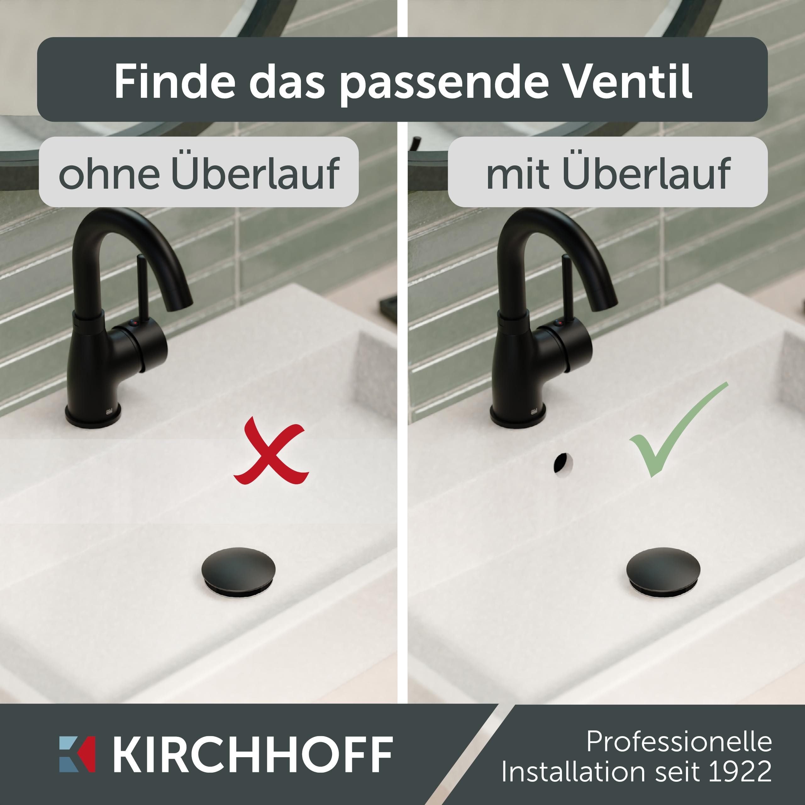 Kirchhoff Ablaufventil Design-Ablaufventil mit Überlauf, Ablauf Senkrecht, [1 1/4", Packung, Ablaufventil für Waschbecken & Waschtisch, Pop Up Ventil, Push-Open