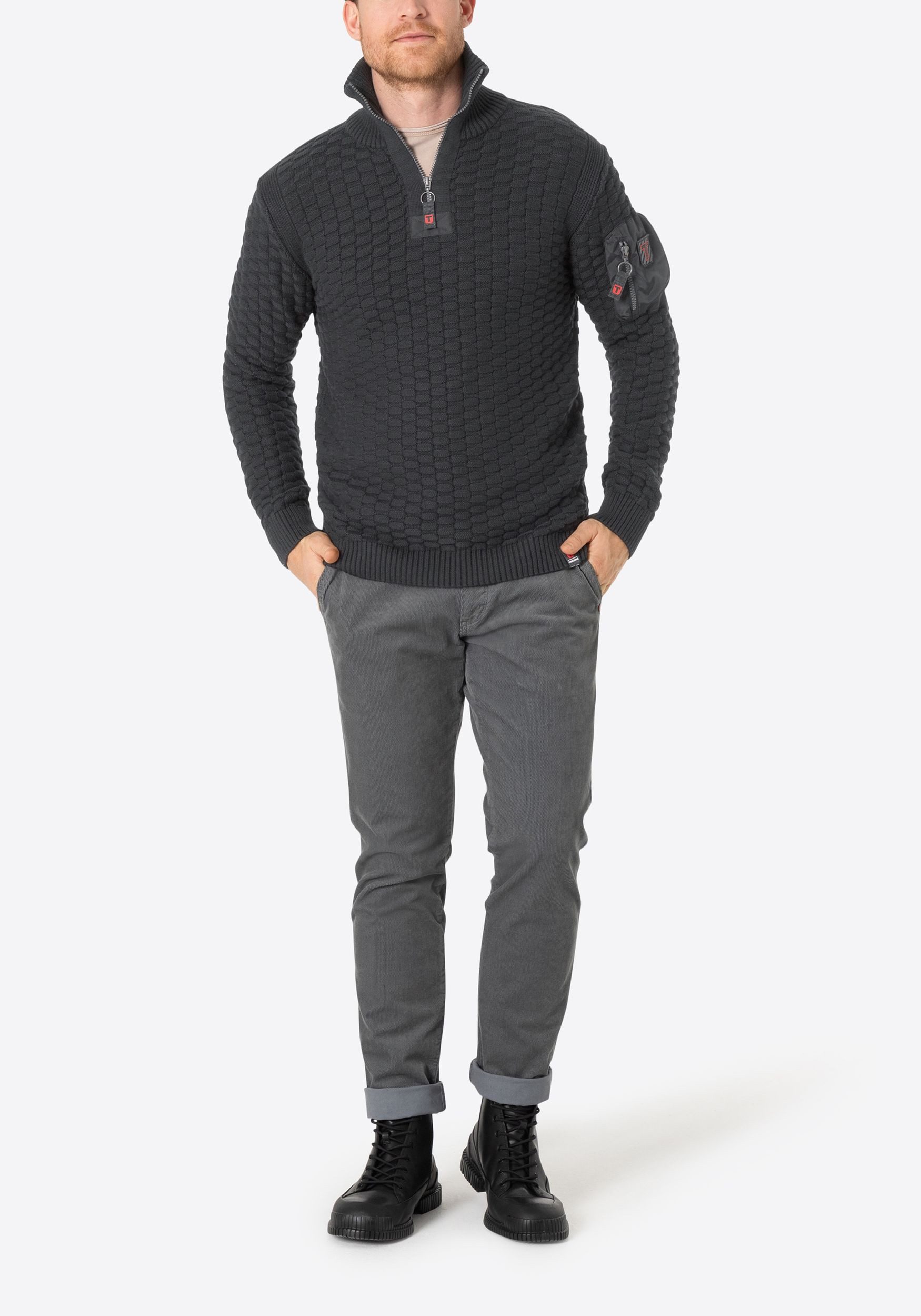 TIMEZONE Strickpullover Strickpullover 3D-Schachbrettmuster Ärmeltasche Heavy Knit Seamans Troyer