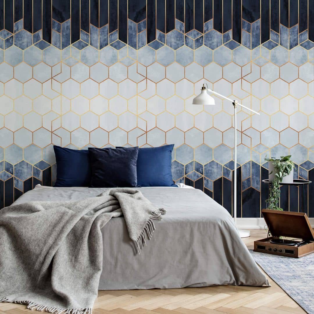 K&L Wall Art Fototapete Große Vliestapete XXL Art Deco Hexagon Gold Smoky Blau Weiß, Wohnzimmer Wandschutz