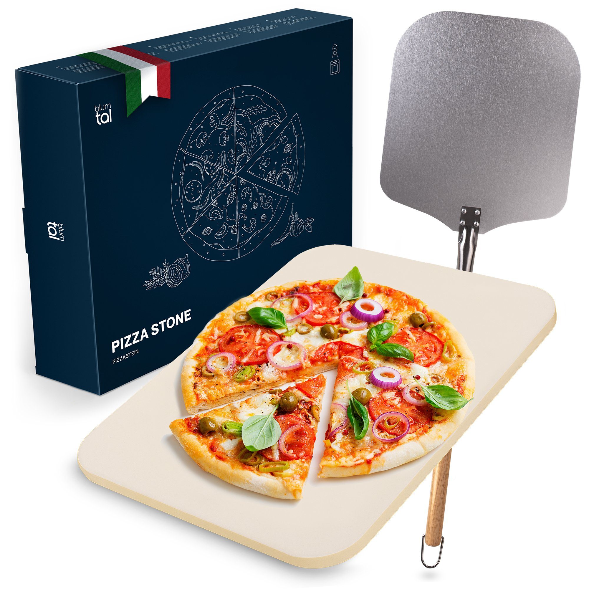 Blumtal Pizzastein für Backofen & Gasgrill inkl. Pizzaschieber - Pizzastein rechteckig, Cordierit, (für knusprigen Pizzaboden wie vom Italiener, auch für Brot und Flammkuchen ideal geeignet), aus Cordierit, für Pizza wie aus dem Steinofen, inkl. Pizzaschaufel