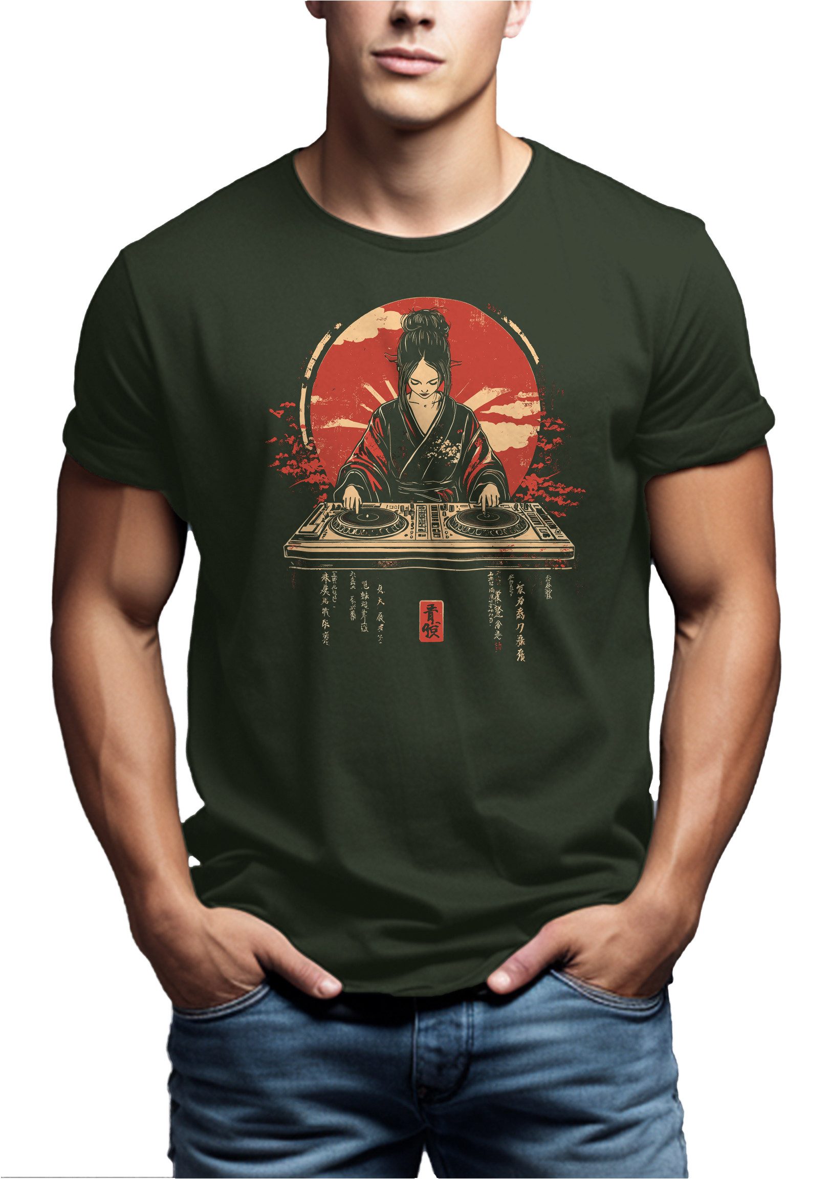 MAKAYA T-Shirt Herrenshirt für DJs – Musik Printshirt im Tokyo Style für Techno Fans (Schwarz, Blau, Grün, Blaugrau, Grau, S, M, L, XL, XXL, 3XL, 4XL, 5XL) Baumwolle