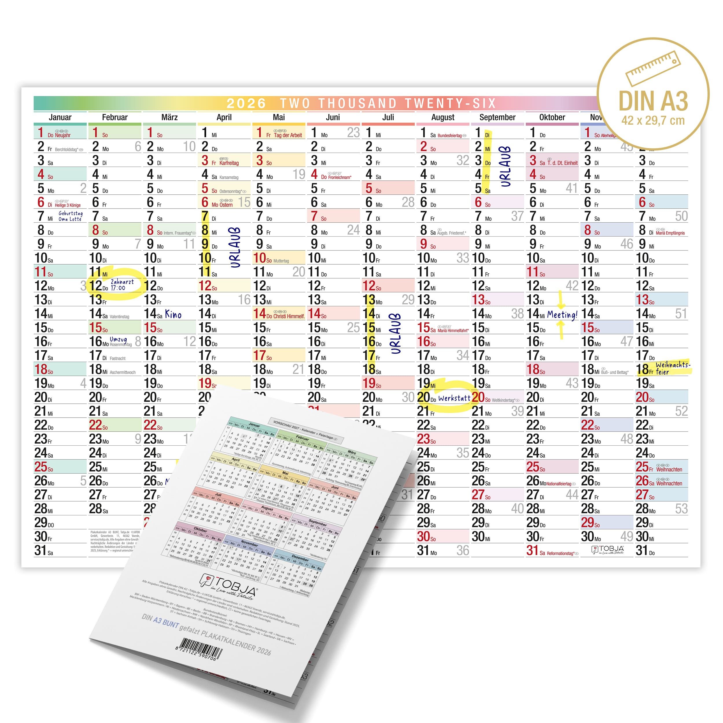 TOBJA Wandkalender A3 Kalender 2026 "bunt" Jahreskalender, Wandkalender 30x42cm Wandplaner Jahreplaner Urlaubsplaner