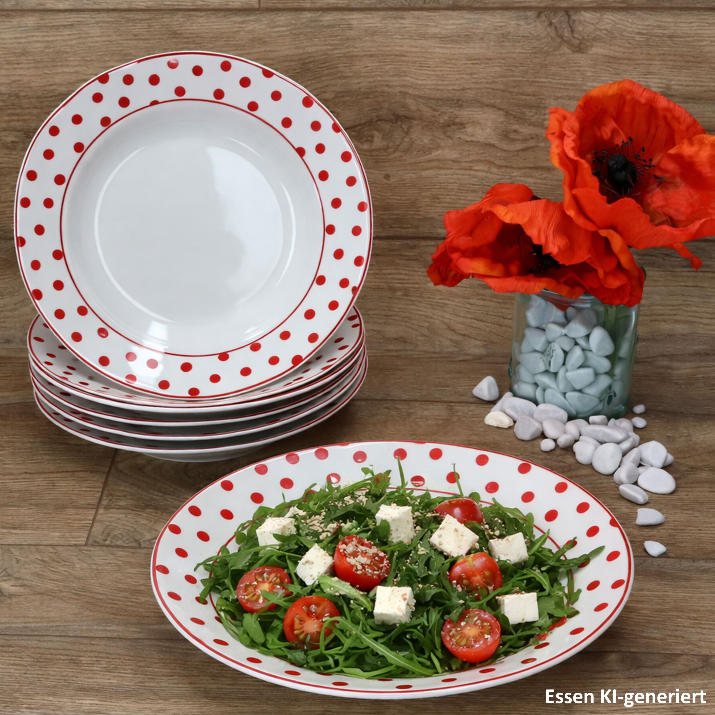 MamboCat Suppenteller MamboCat 6er Suppenteller Set rot gepunktet 200ml Steingut weiß Pasta