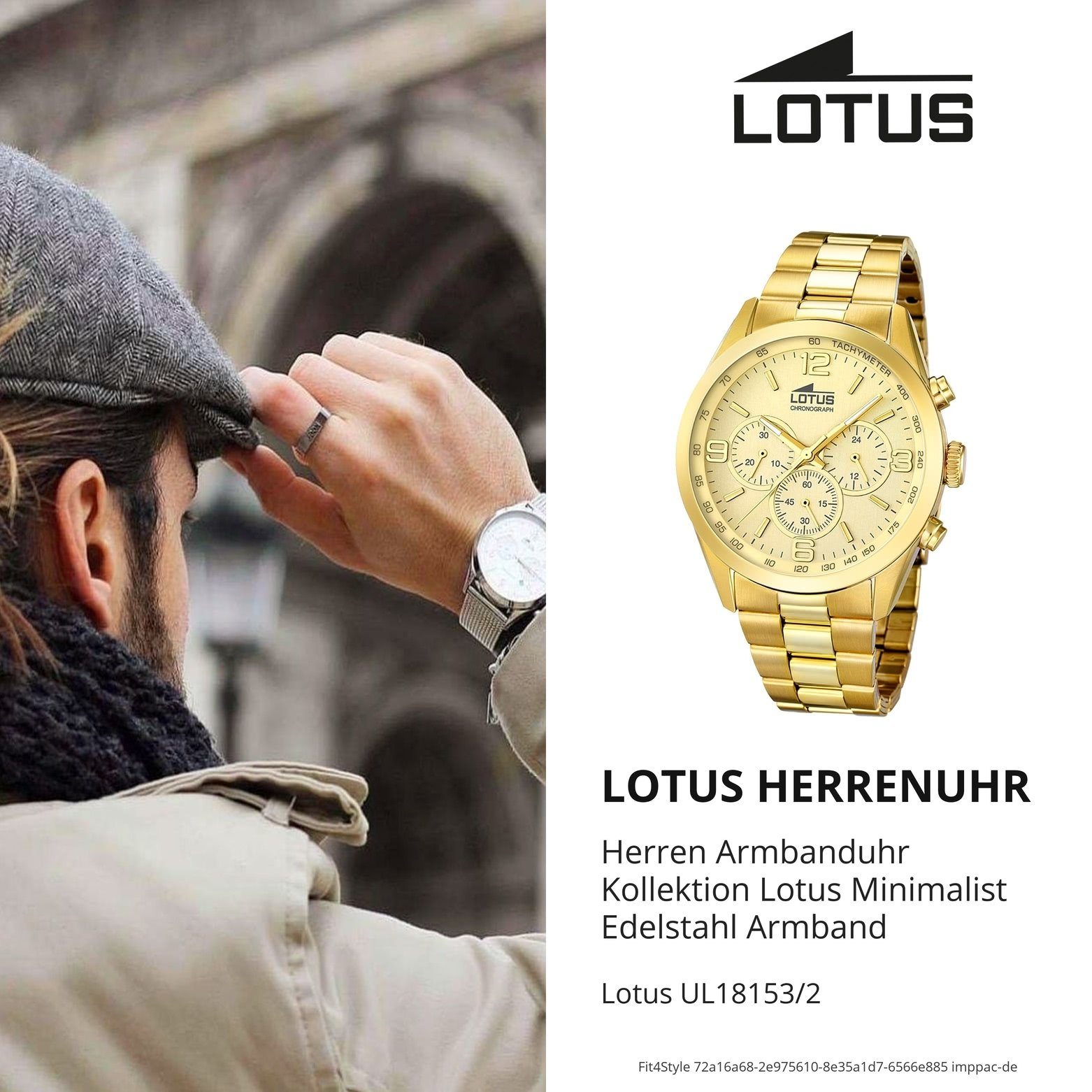 Lotus Chronograph Herren Uhr L18153/2, gold rund, (ca. groß Armbanduhr Sport Lotus Herren Edelstahlarmband 43,3mm)