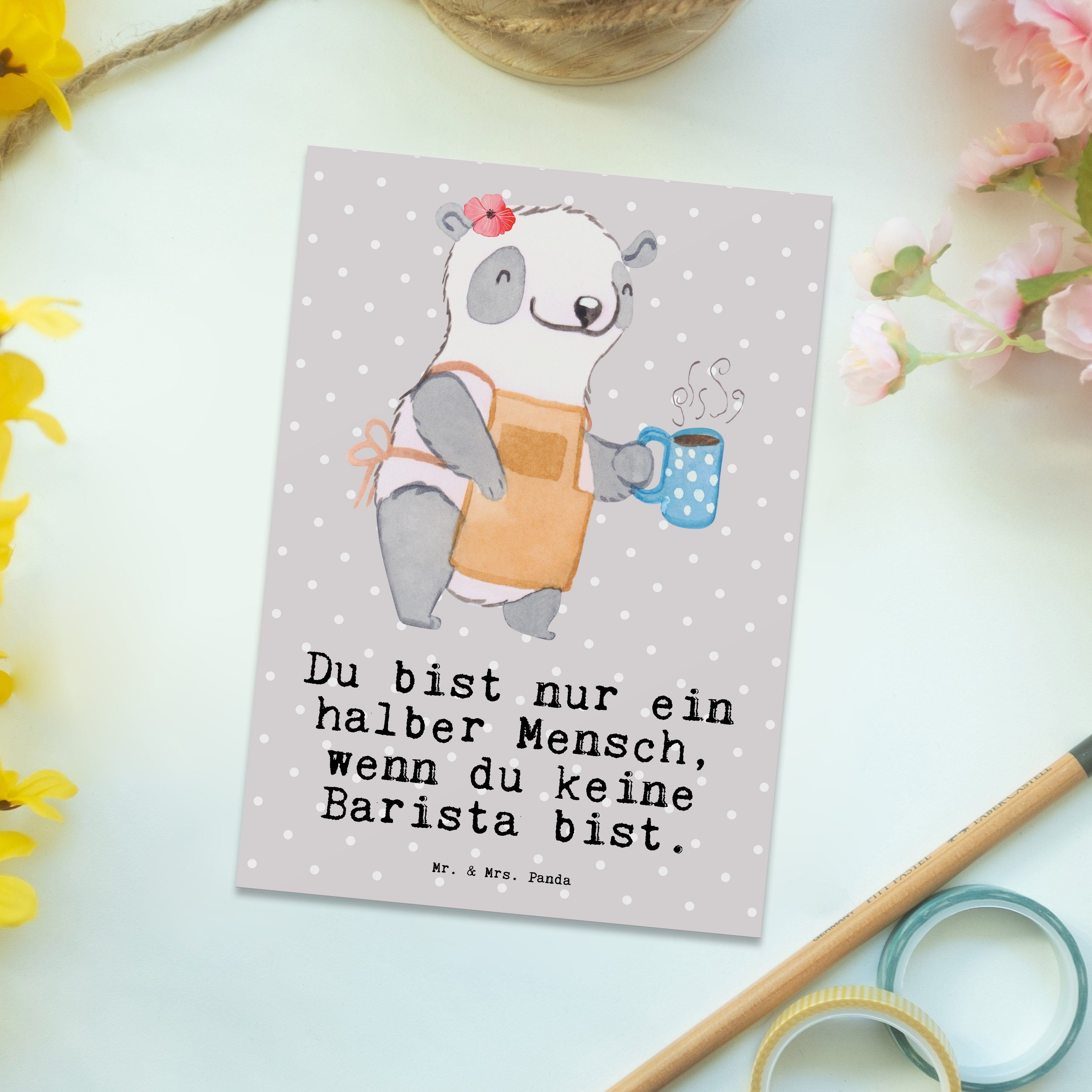 Kaffeeliebe, - Geschenk, & Panda Postkarte mit Mr. Mrs. - Barista Grau Pastell Herz Mitarbeiter