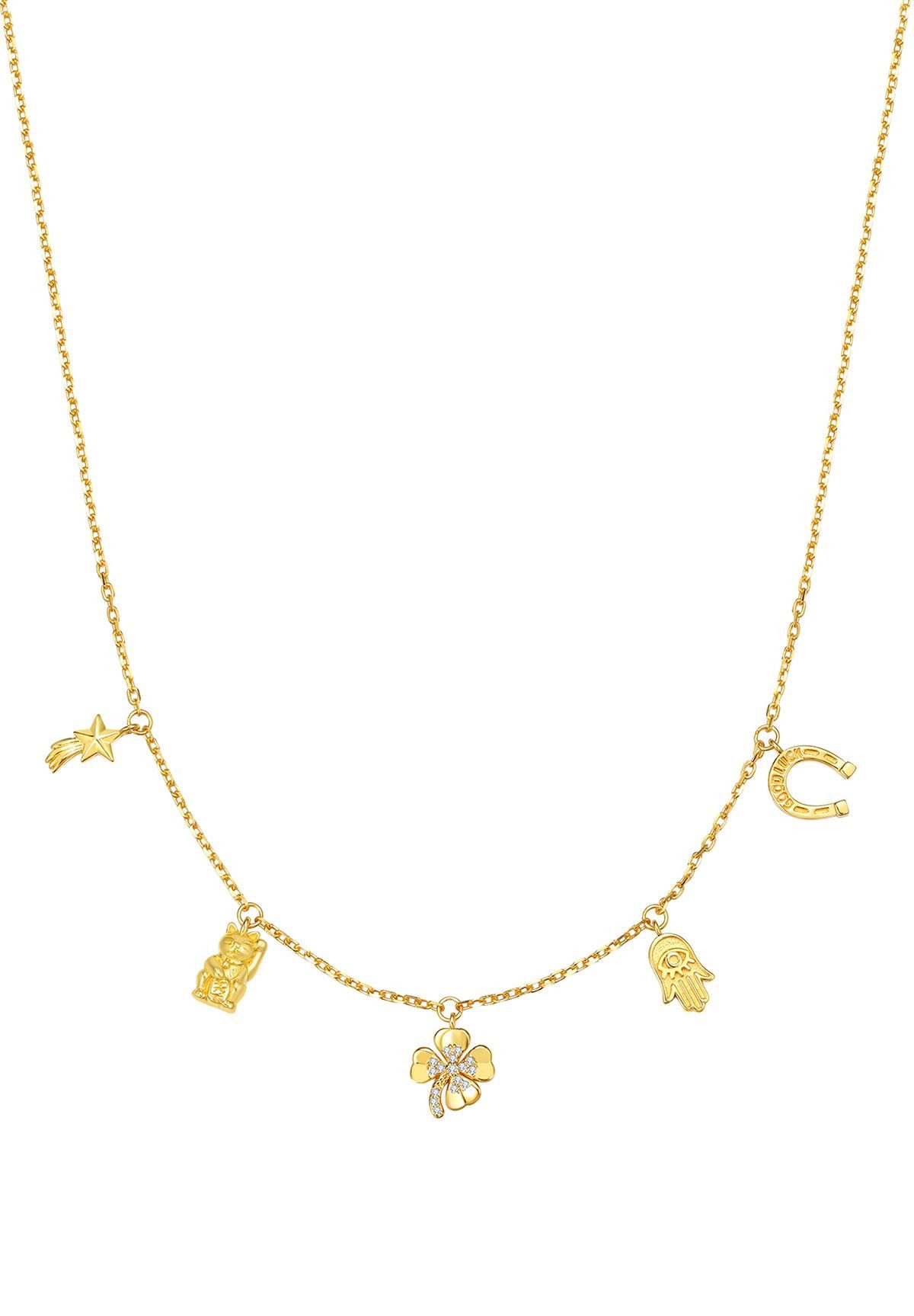 Valentinstagsgeschenk Hey Happiness Charm-Kette Glücksanhänger, Glückskatze Kleeblatt Hufeisen, Vergoldete 925 Silber Damenkette, Glücksbringer, goldf