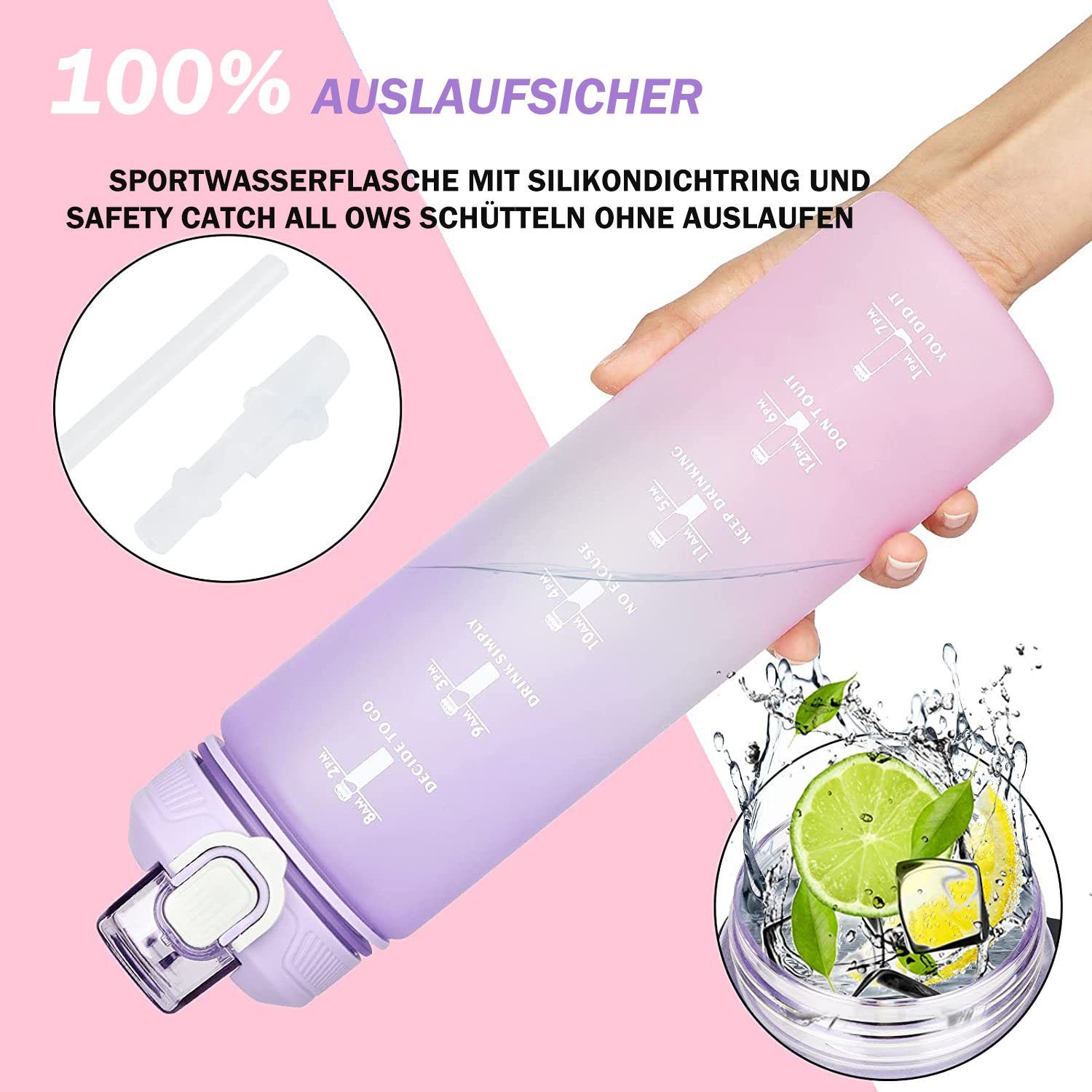 Trinkflasche Purple zggzerg Strohhalm und Trinkflasche Wasserflasche, mit Zeitmarkierung 1L