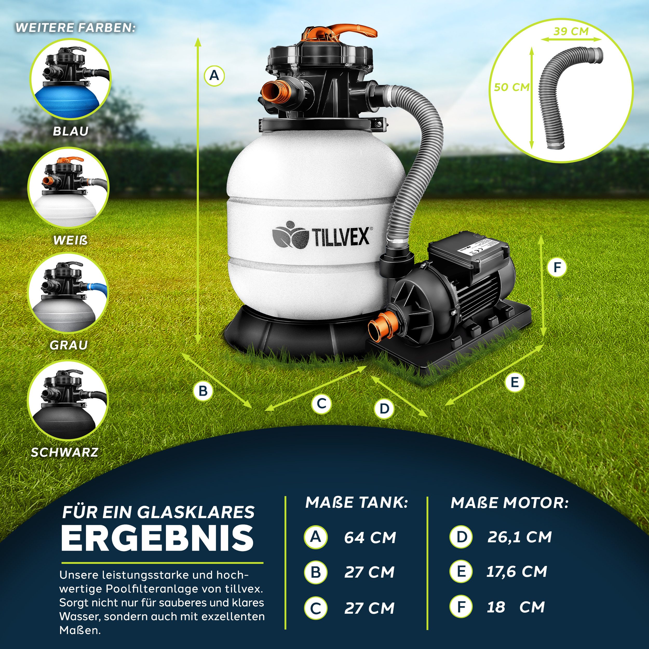 Thumbnail - tillvex Sandfilteranlage Filteranlage 7.900L/h mit 400g Filterbällen + Pumpe Filter (Set), 7-Wege Ventil