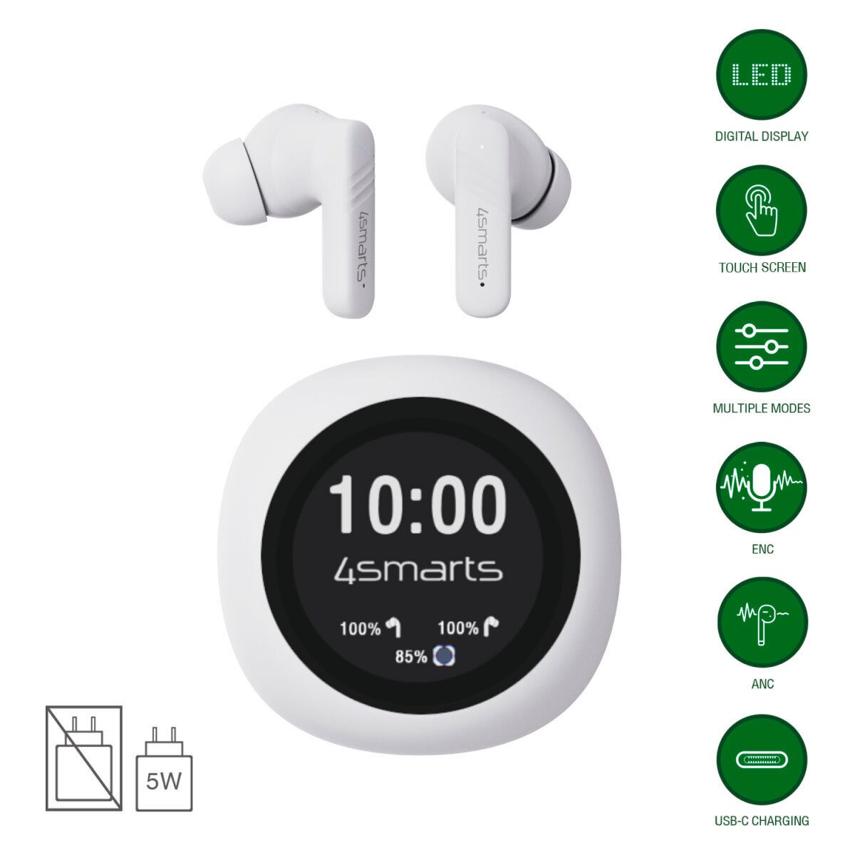 4smarts TWS SkyBuds Screen Pro ANC Bluetooth-Kopfhörer (Active Noise Cancelling (ANC), Google Assistant, Siri, Bluetooth, Active Noise Cancelling)