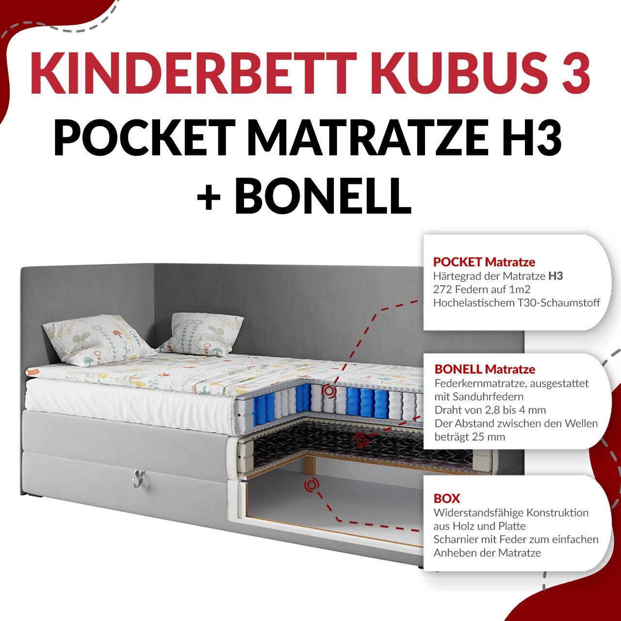 - Kinderbett Matratze KUBUS mit Boxspringbett Polsterbetten MKS für MÖBEL 3, Kinderzimmer Rosa 90x200,