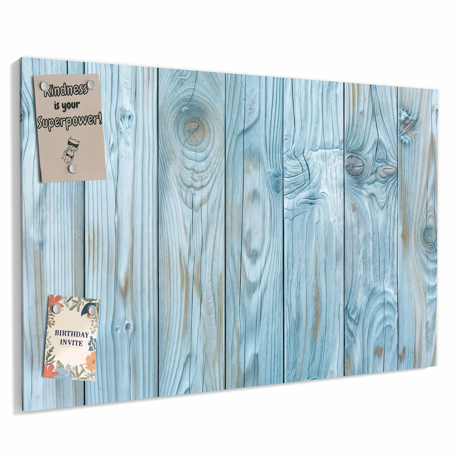 Primedeco Magnettafel Hellblaue Holzbretter – Magnetwand & Memoboard aus Metall, (Komplett-Set, 1-tlg., Inklusive 4 Magnete und 2 Boardmarker (weiß & schwarz), magnetisch & beschreibbar
