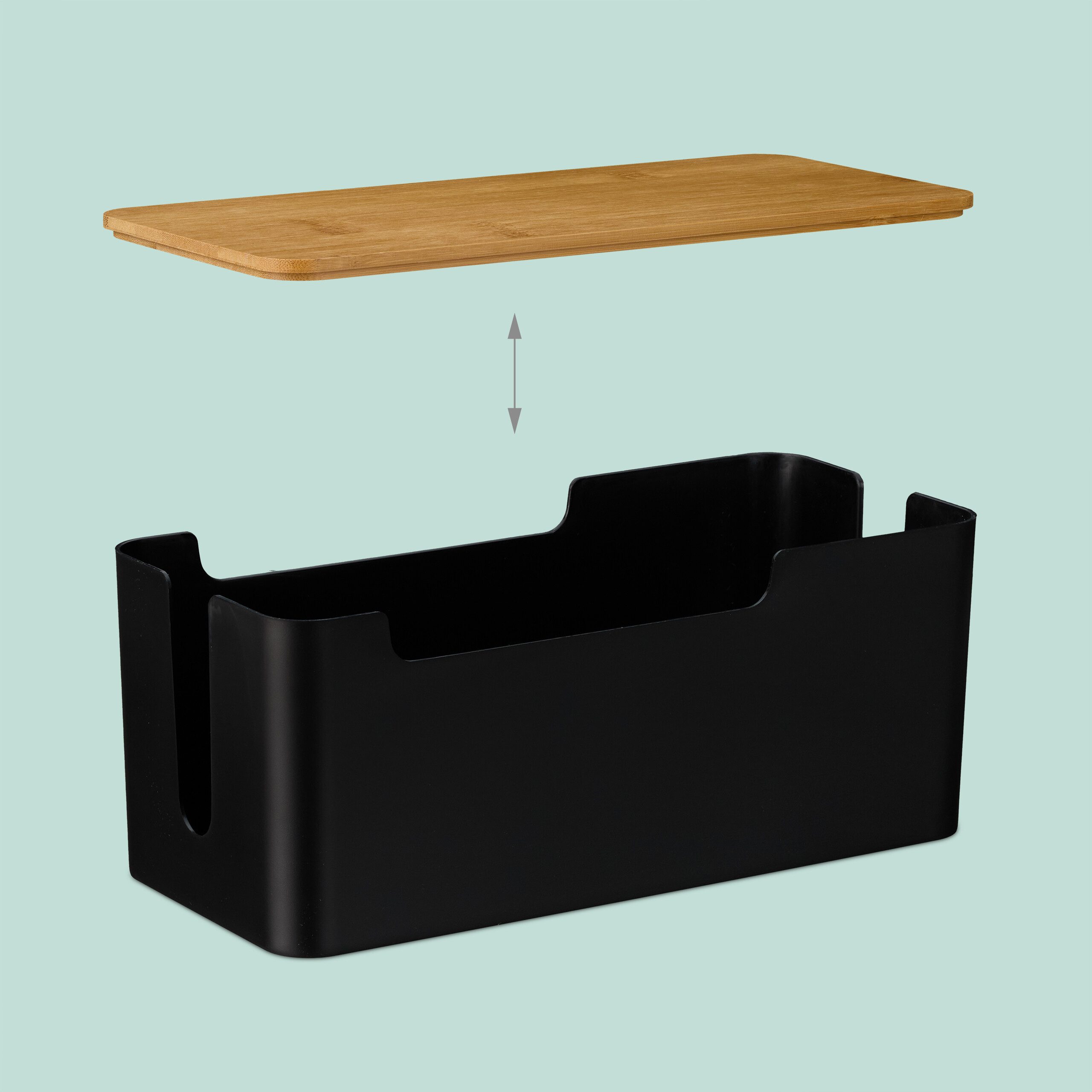 relaxdays Kabelbox Schwarze Kabelbox mit Bambusdeckel