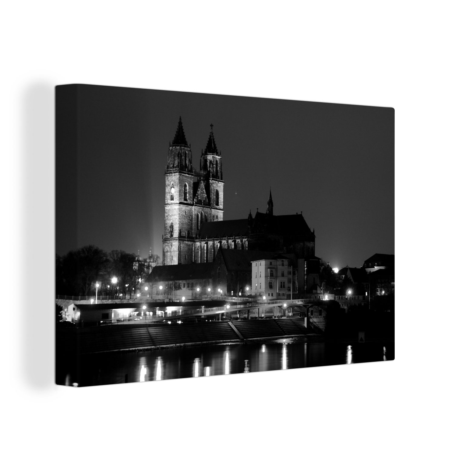 schwarz-weiß, den cm Wanddeko, 30x20 St), Leinwandbilder, und Dom Magdeburg OneMillionCanvasses® Wandbild Blick Fluss Aufhängefertig, über von Leinwandbild den (1 -