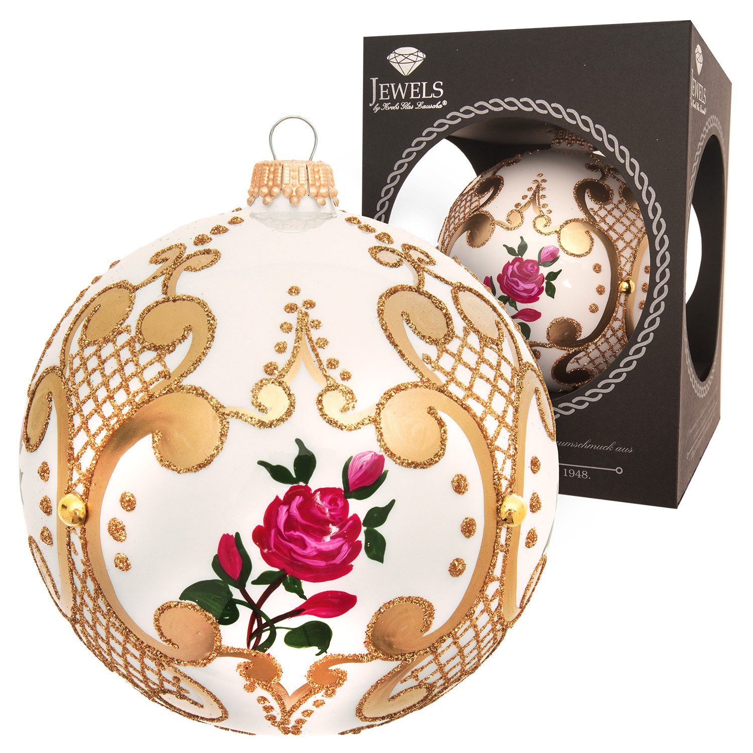 Krebs Glas Lauscha Weihnachtsbaumkugel weiße Glaskugel mit Rosendesign - im günstig online kaufen