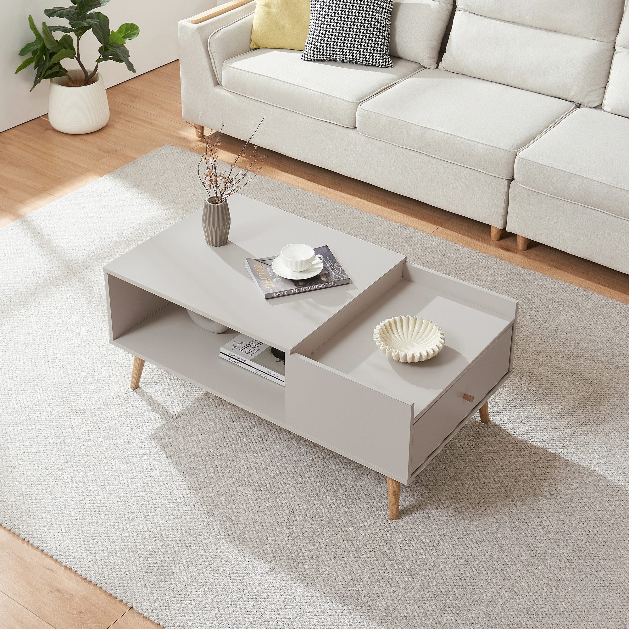 en.casa Couchtisch, »Hallevil« mit Schublade 106 x 59 x 44 cm Hellgrau günstig online kaufen