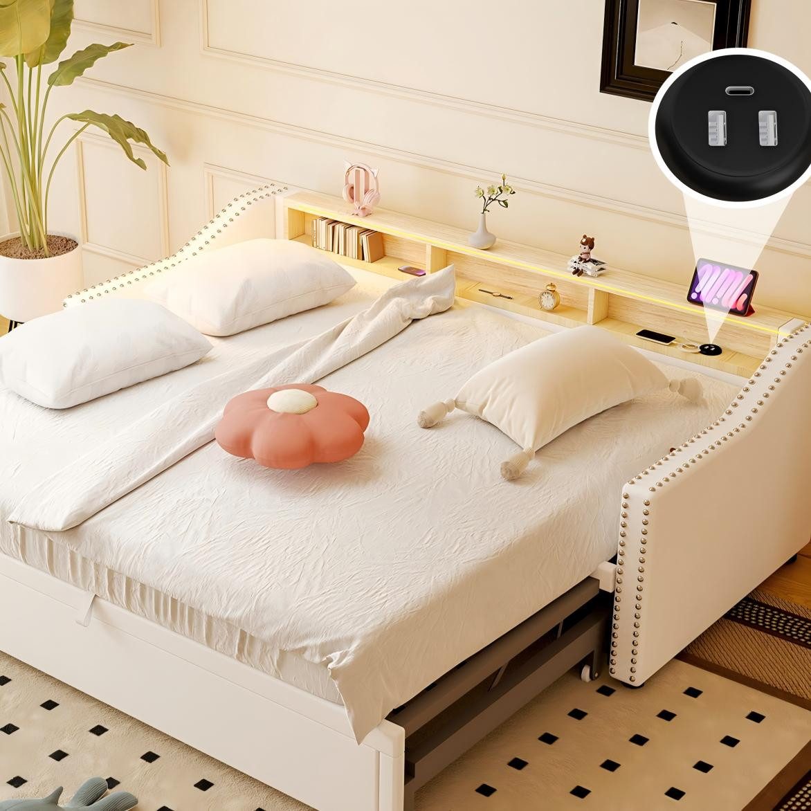 oyajia Polsterbett 3in1 Daybett Tagesbett Ausziehbett mit LED-Beleuchtung ( günstig online kaufen
