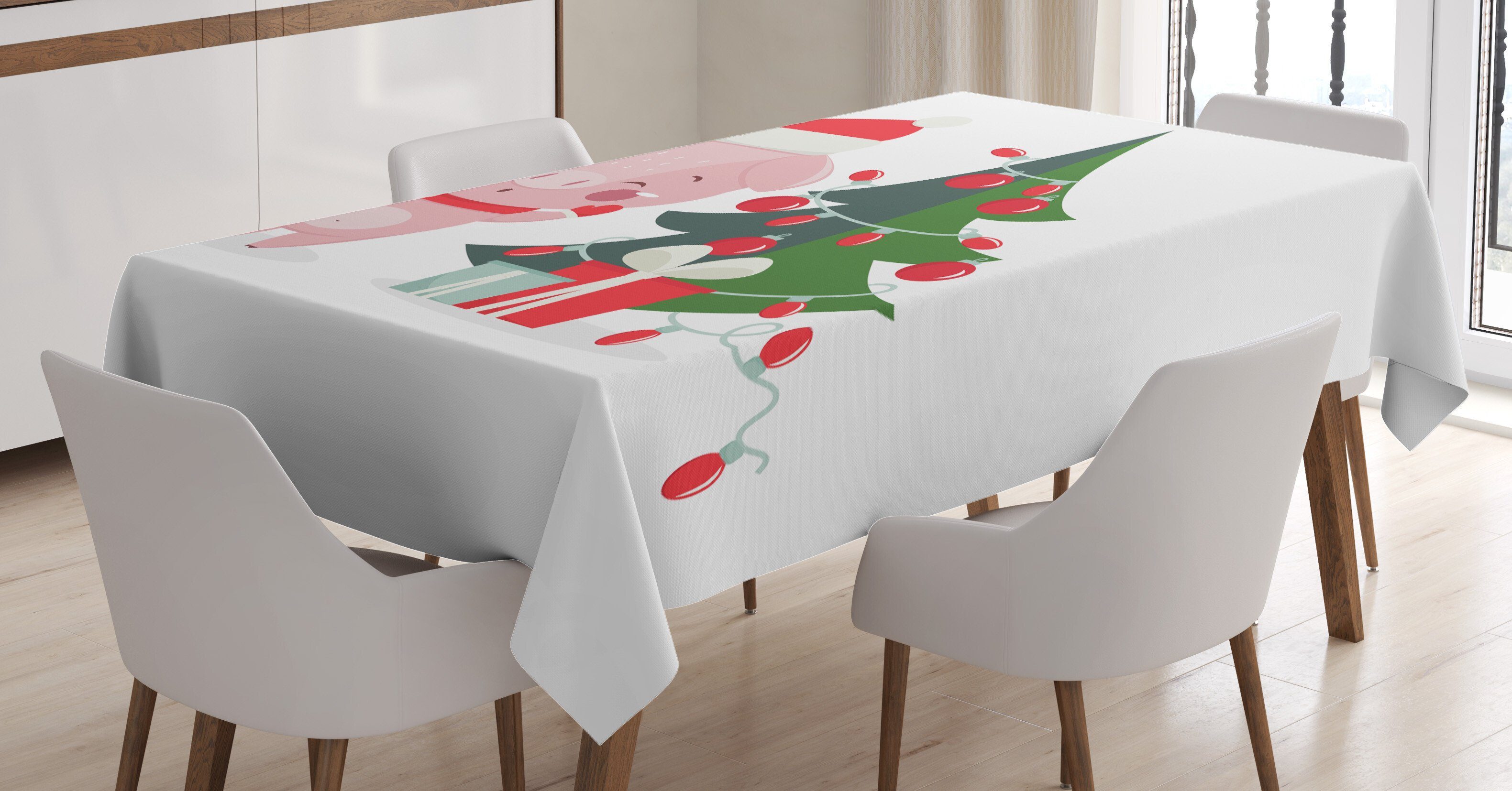 Abakuhaus Tischdecke Farbfest Waschbar geeignet Glückliches Außen Weihnachten den mit Bereich Farben, Weihnachtsbaum Für Klare Schwein