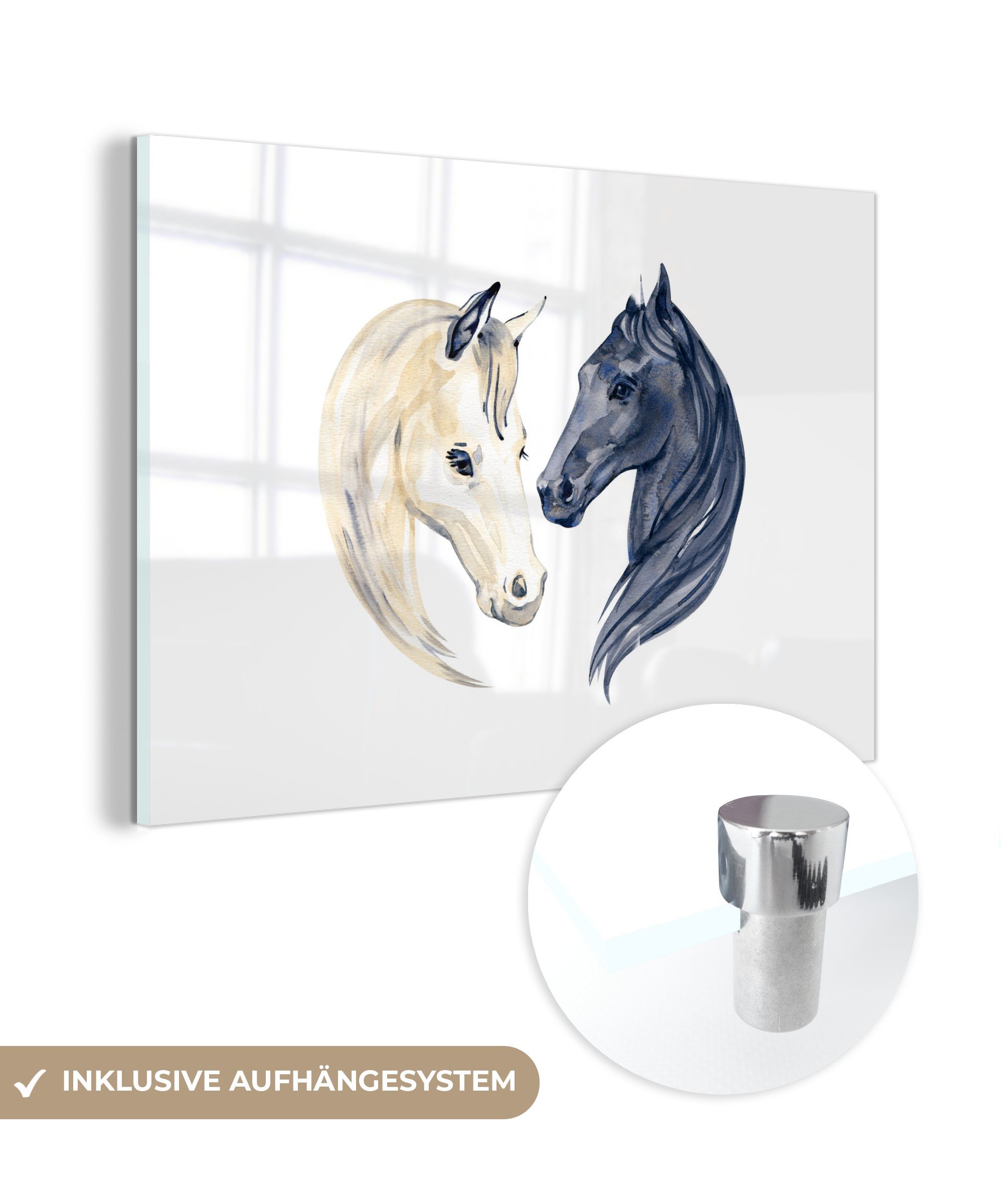 MuchoWow Acrylglasbild Pferde - Aquarell - Weiß - Mädchen - Kinder - Mädchen, (1 St), Glasbilder - Bilder auf Glas Wandbild - Foto auf Glas - Wanddekoration