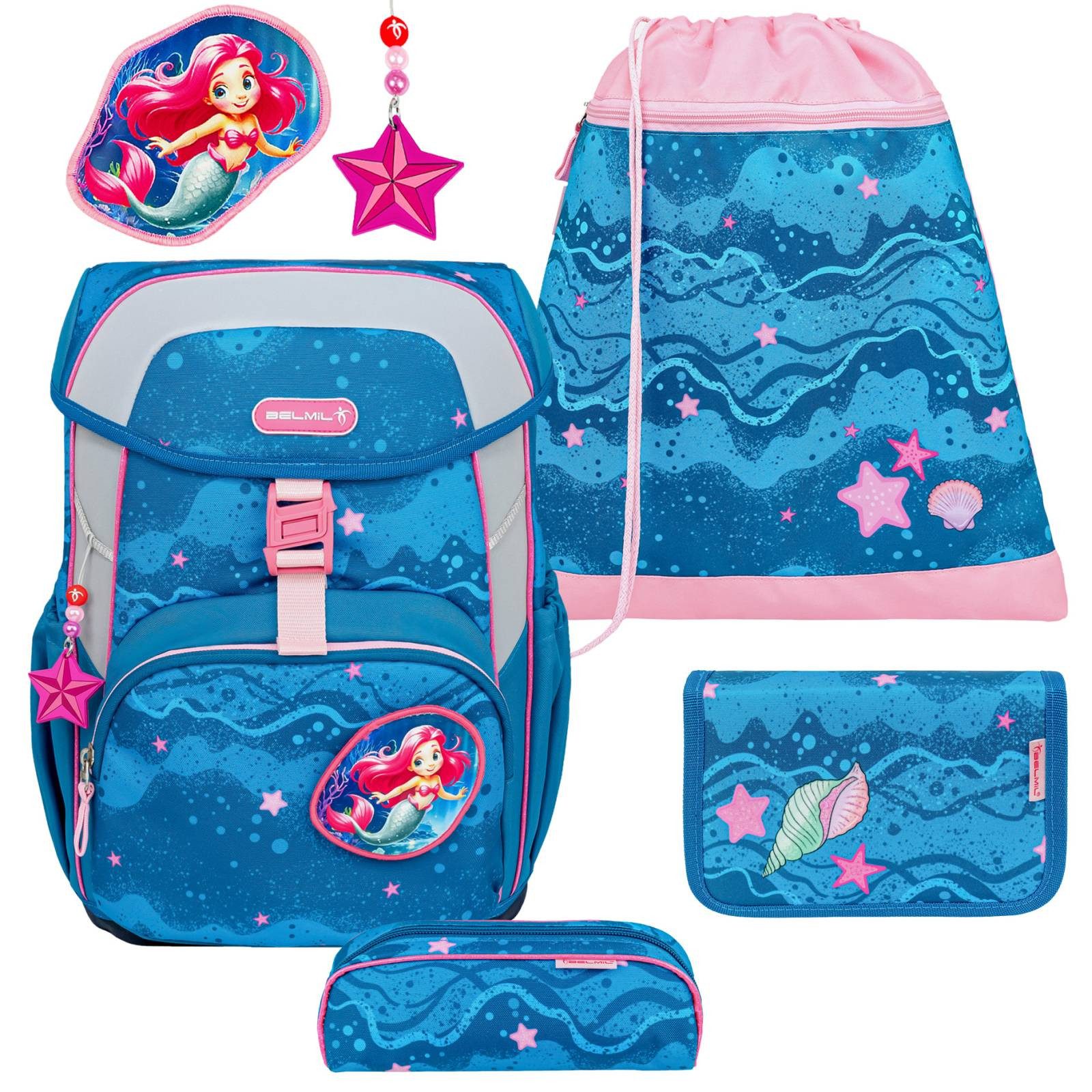 Belmil Schulranzen "Maxi" 2026 Set 1. Klasse, 22 Liter Volumen "Mermaid", Meerjungfrau, 5tlg.,1. Klasse, Grundschule, Einschulung, Mädchen