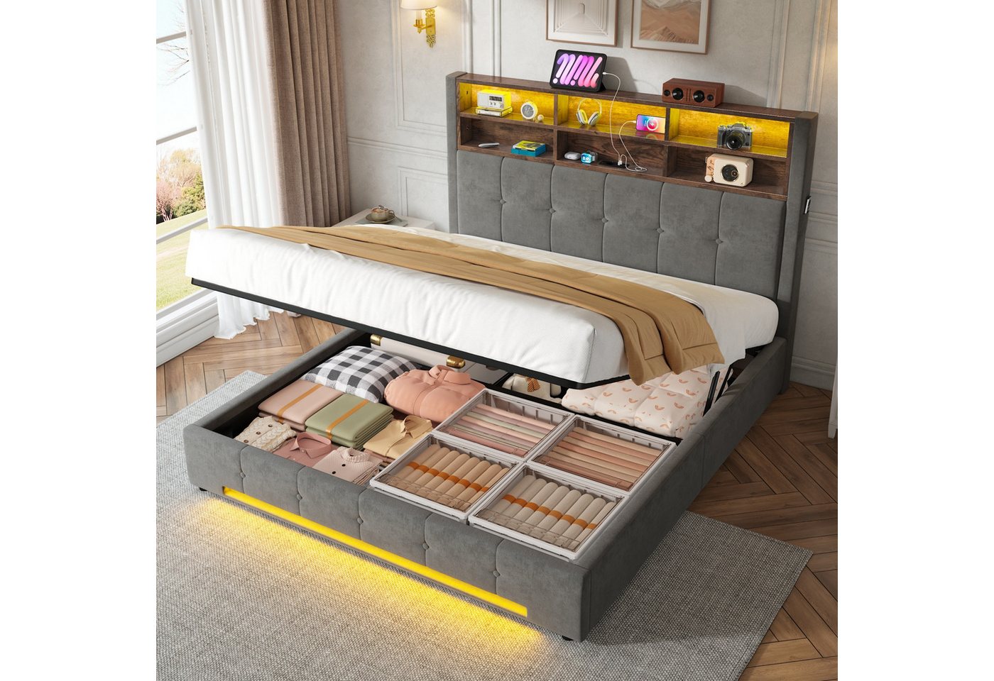 TavilaEcon Polsterbett 180×200 cm & weitere Größen mit Bettkasten und USB-C-Anschluss (1-tlg), mit Hydraulikfunktion & Samtbezug, 180×200cm, grau