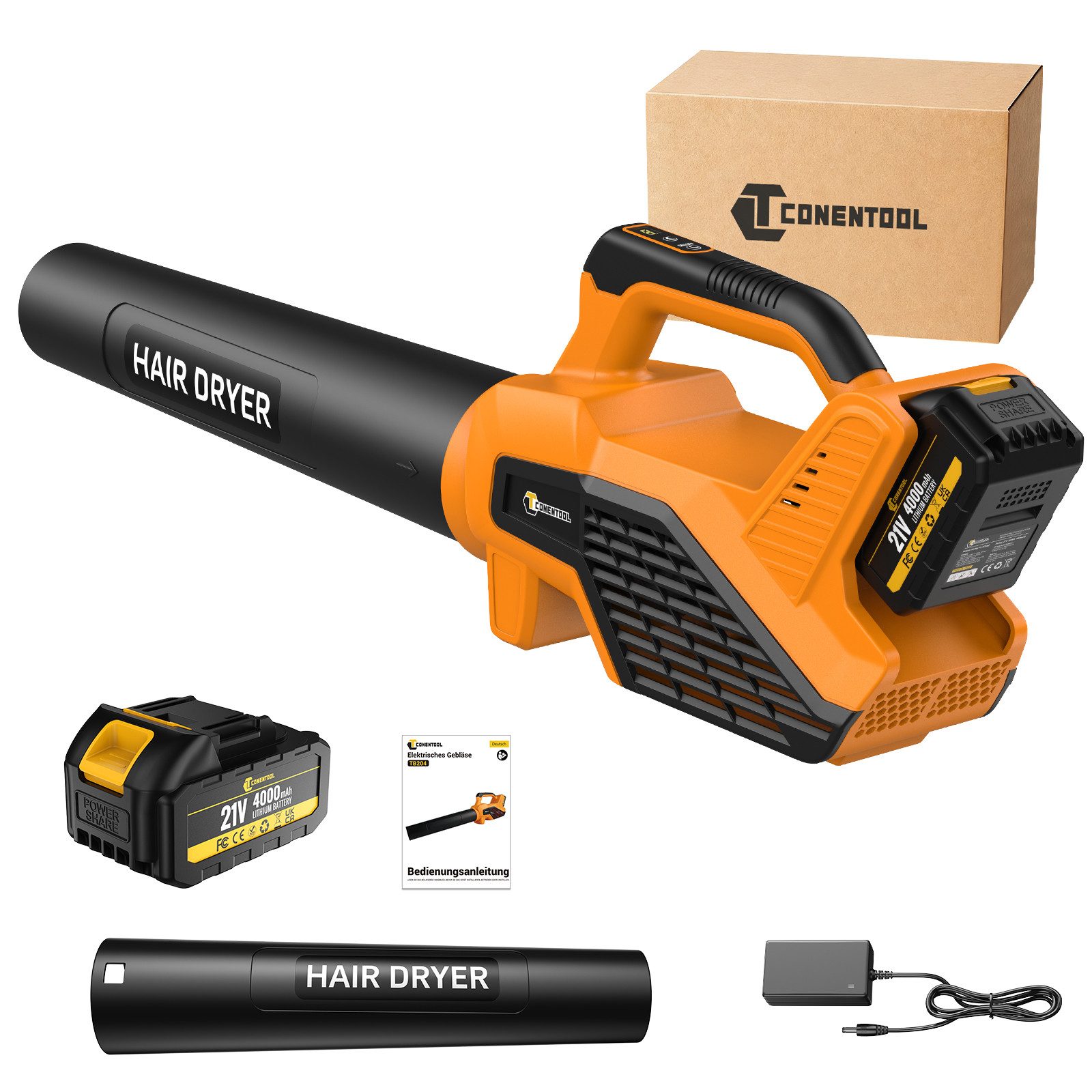 CONENTOOL Akku-Laubbläser Bürstenloses Laubbläser, 240 km/h Blasgeschwindigkeit, mit 4.0Ah Akkus