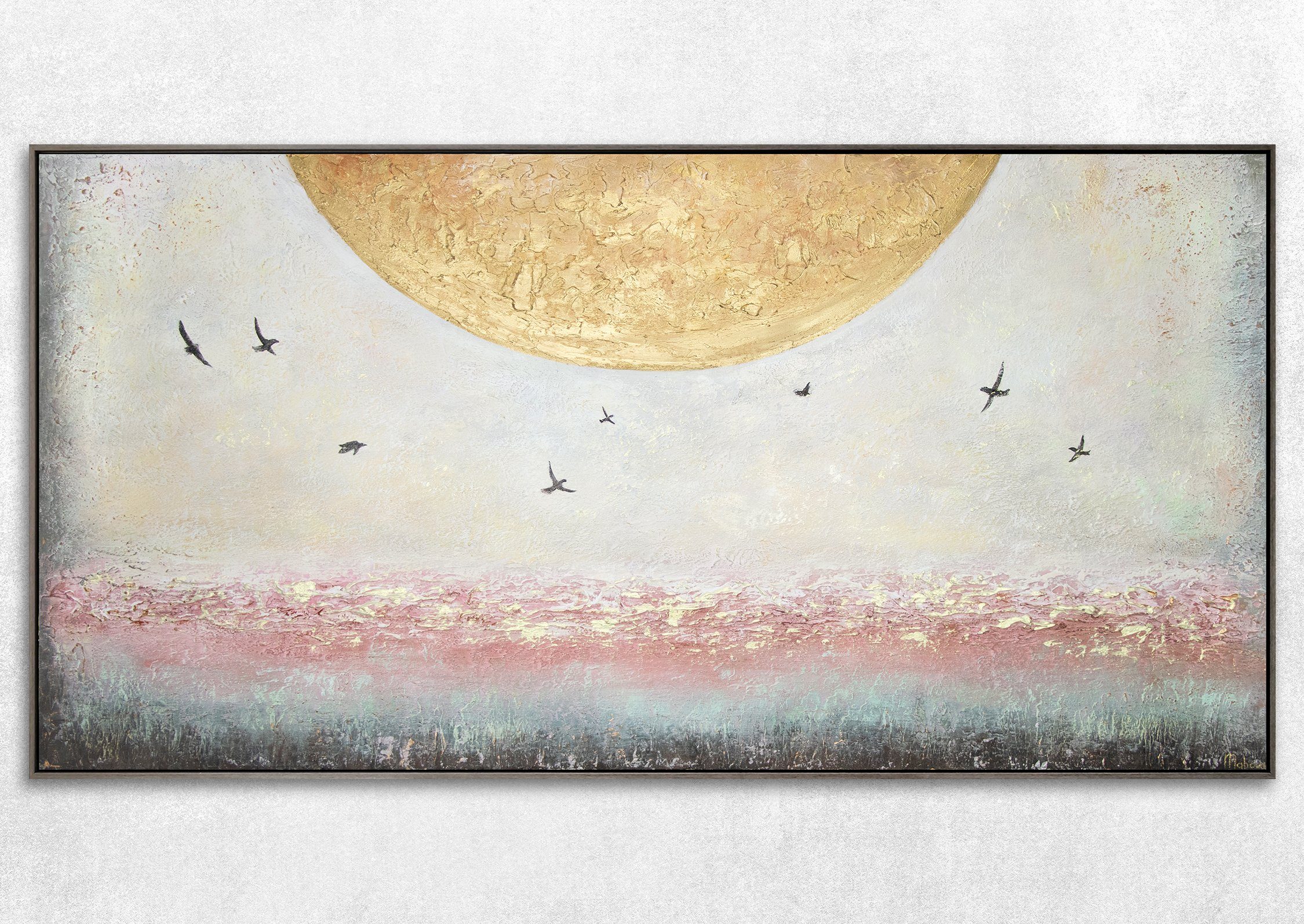 YS-Art Gemälde Handgemalt Vögel Grau Sonne Rahmen Gold Mit Süden Leinwand Bild in Landschaft, Sonnenenergie