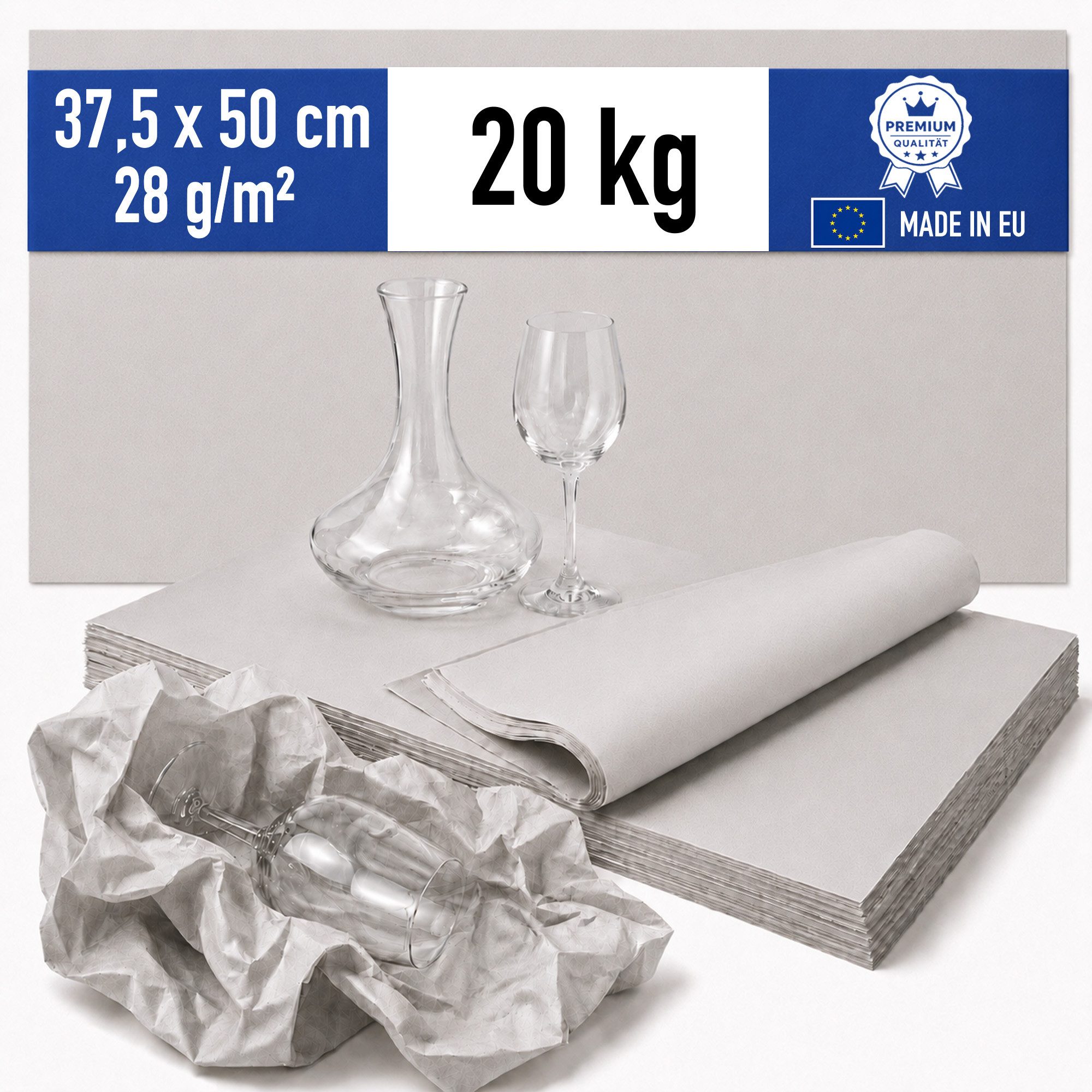 Papieronkel Seidenpapier Packseide Packpapier 37,5x50cm 28g/m² für Packen Umzug Geschirr Gläser, 20kg Einschlagpapier zum Einwickeln, 100% Recycling, weich & staubarm