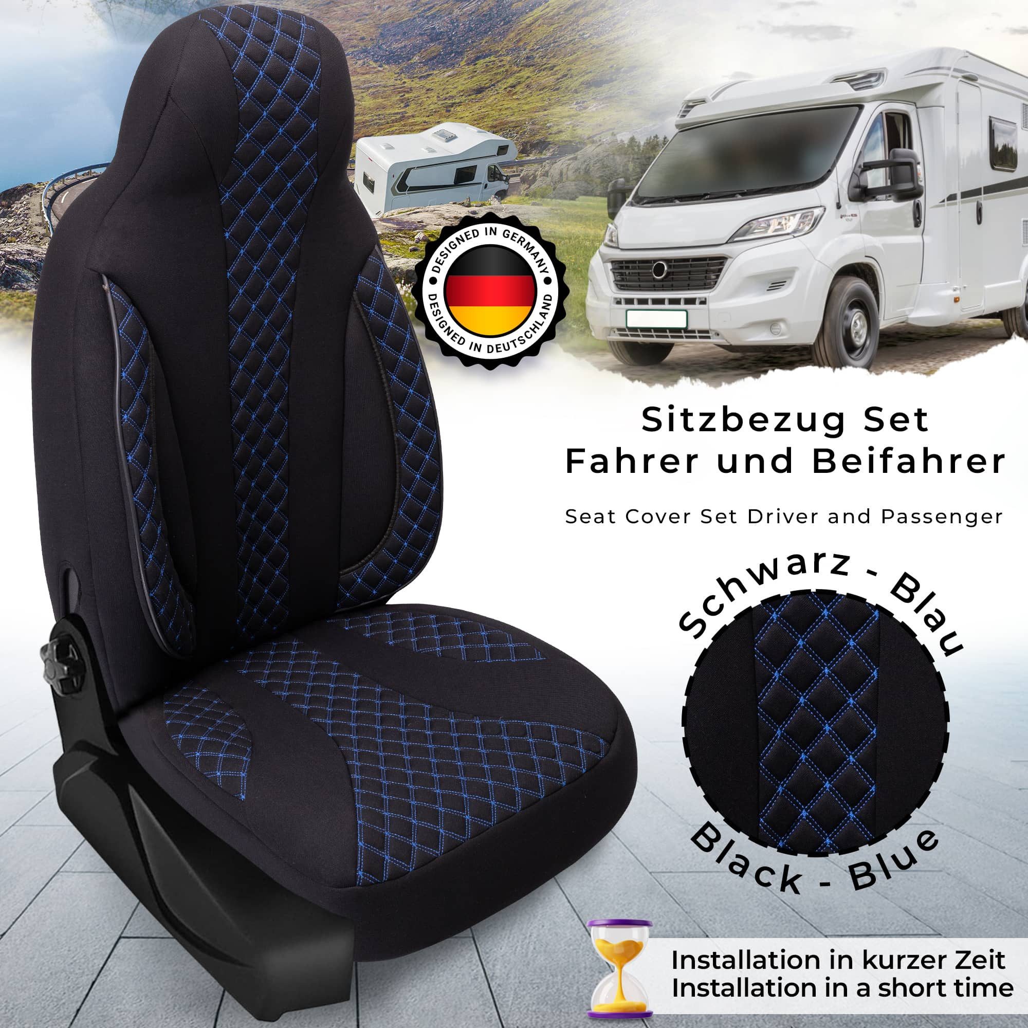BREMER SITZBEZÜGE Autositzbezug für für Clever Vans Vario KIDS (WPL406), Set, Schonbezüge Sitzbezüge Fahrer und Beifahrer, in Schwarz/Blaue Naht