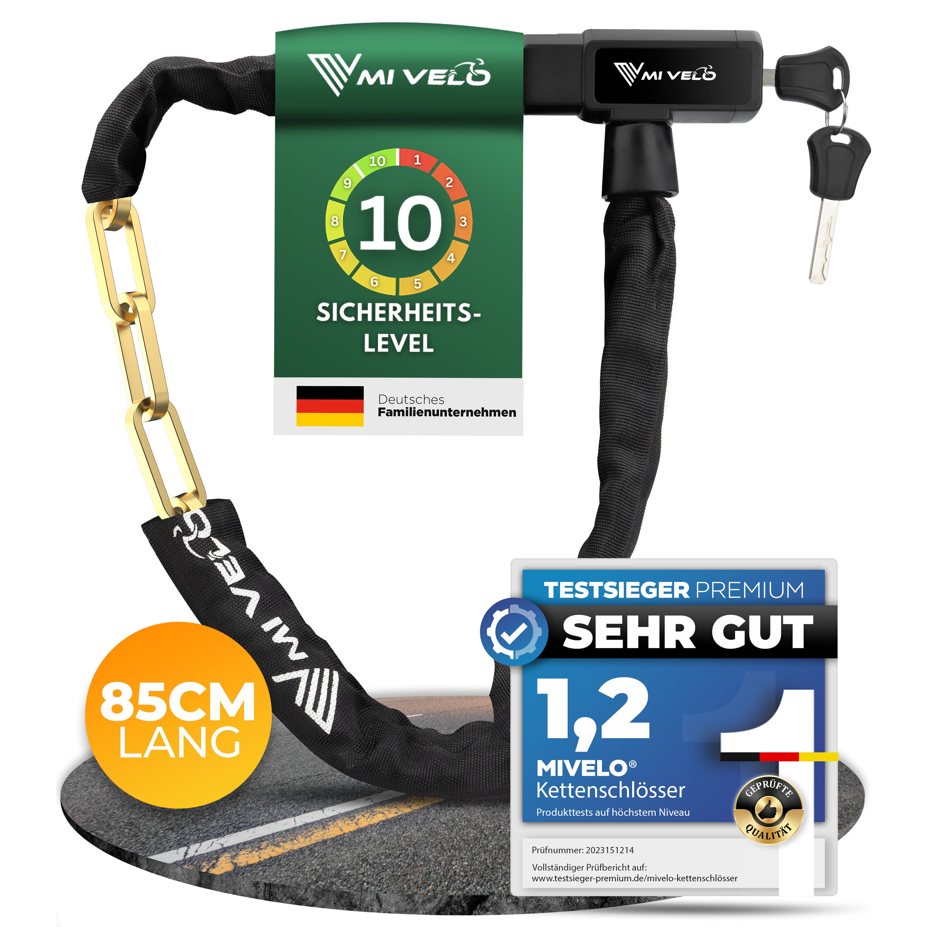MIVELO Kettenschloss MIVELO FAHRRADSCHLOSS mit Schlüssel 85 cm Fahrrad Schloss, Vierkantstahl