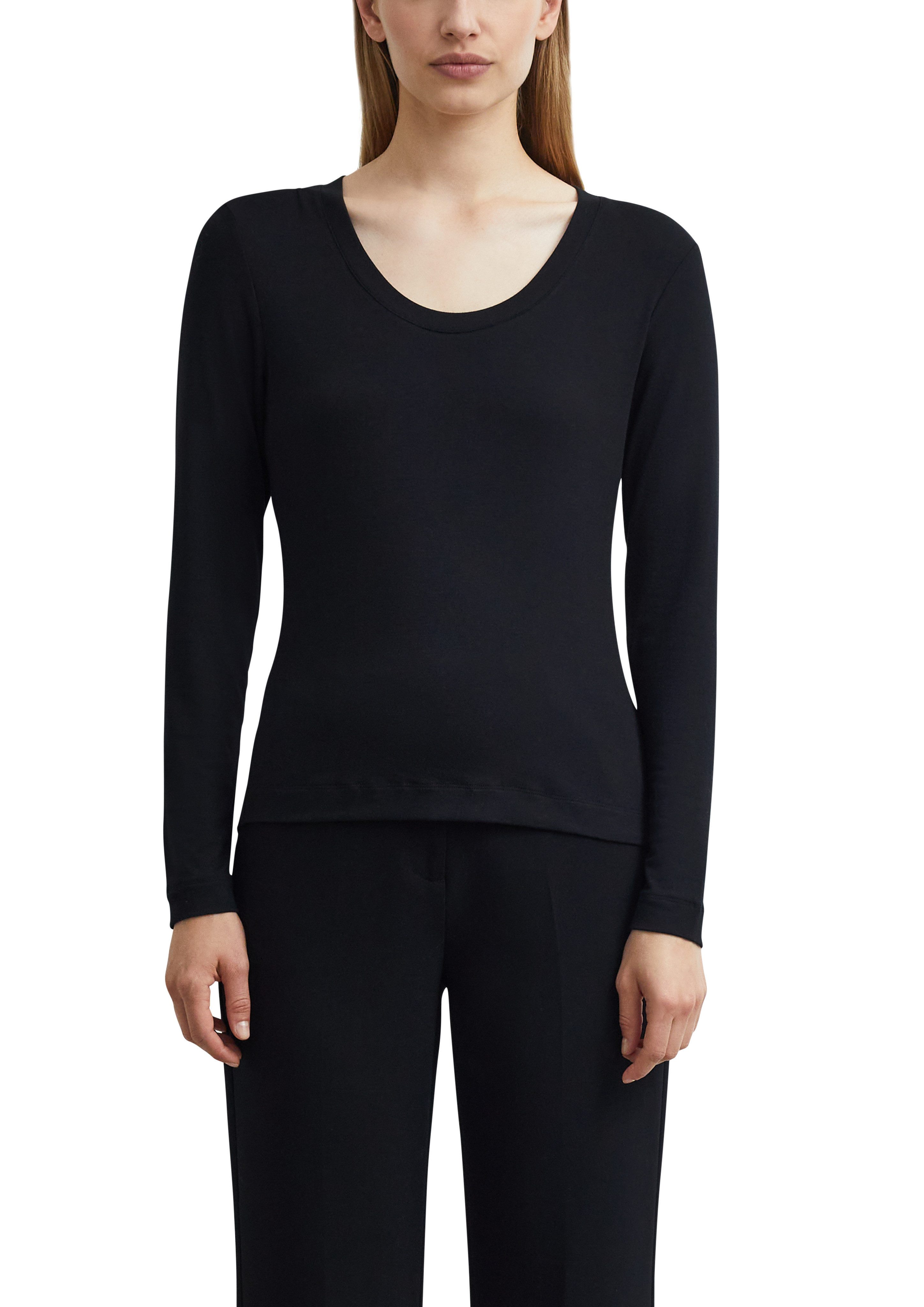 comma Langarmshirt mit tiefem Rundhals / Viskose-Stretch