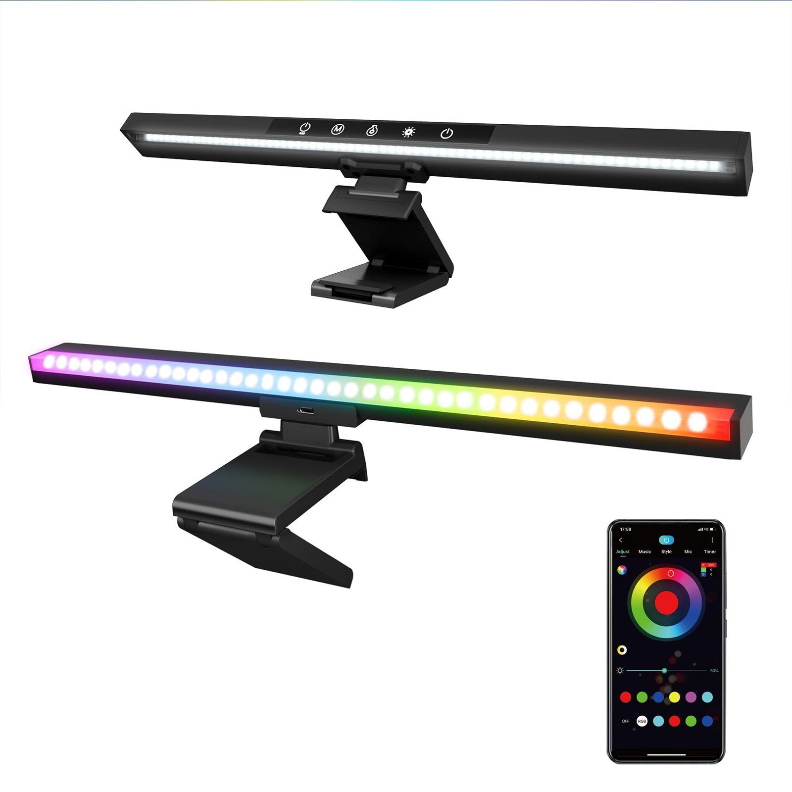 Rosnek LED Lichtleiste Smart, weißes Frontlicht+RGB Hintergrundbeleuchtung, Bluetooth, RGB+Kaltes Weiß+Warmweiß, dimmbar, APP/Touch-Steuerung, LED Tischleuchte für Computermonitor