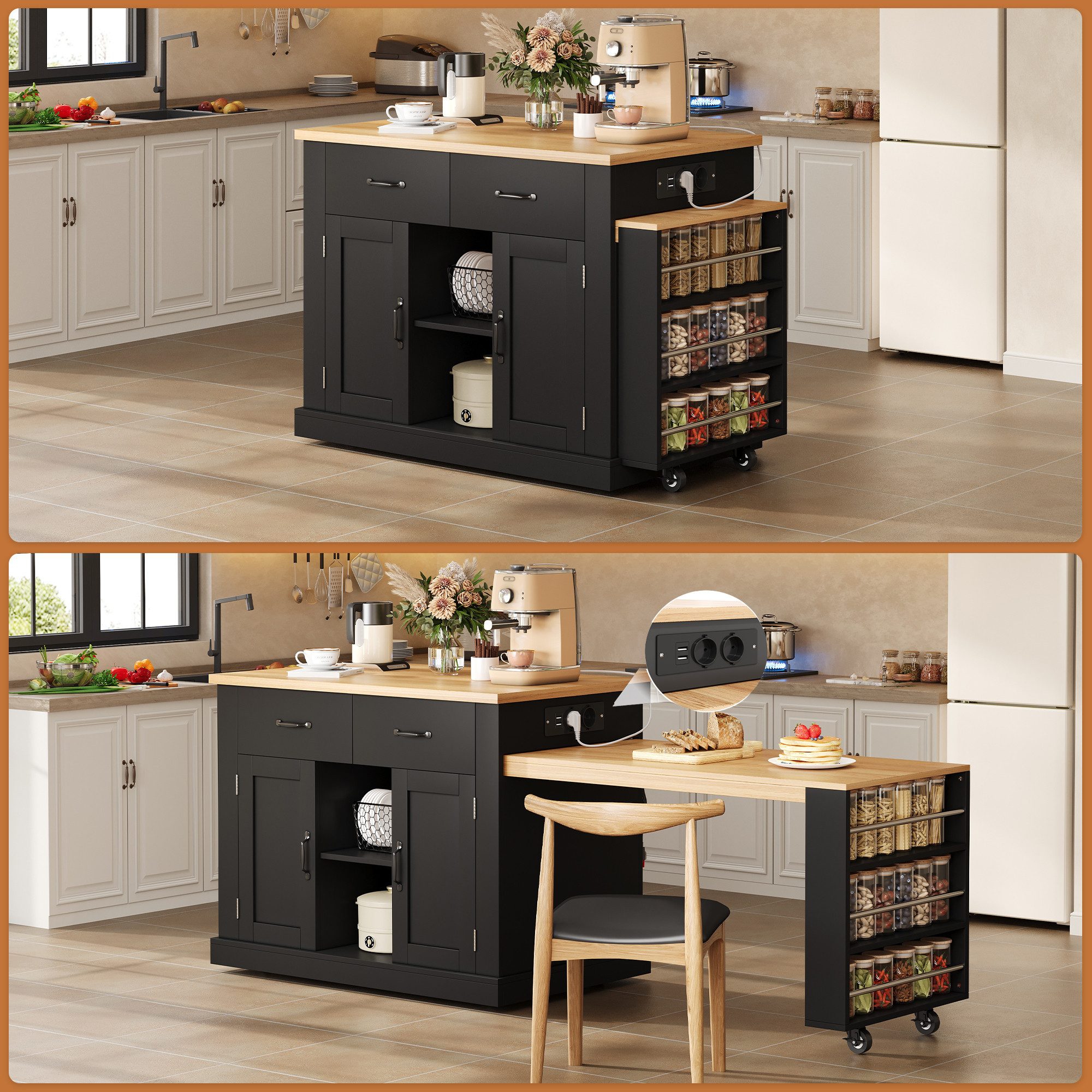 Flieks Küchenwagen mit ausziehbarem Esstisch, Steckdosen und Arbeitsplatte in Holzoptik, (2 St), Kücheninsel Mehrzweckschrank mit Rollen und verstellbare Einlegeböden