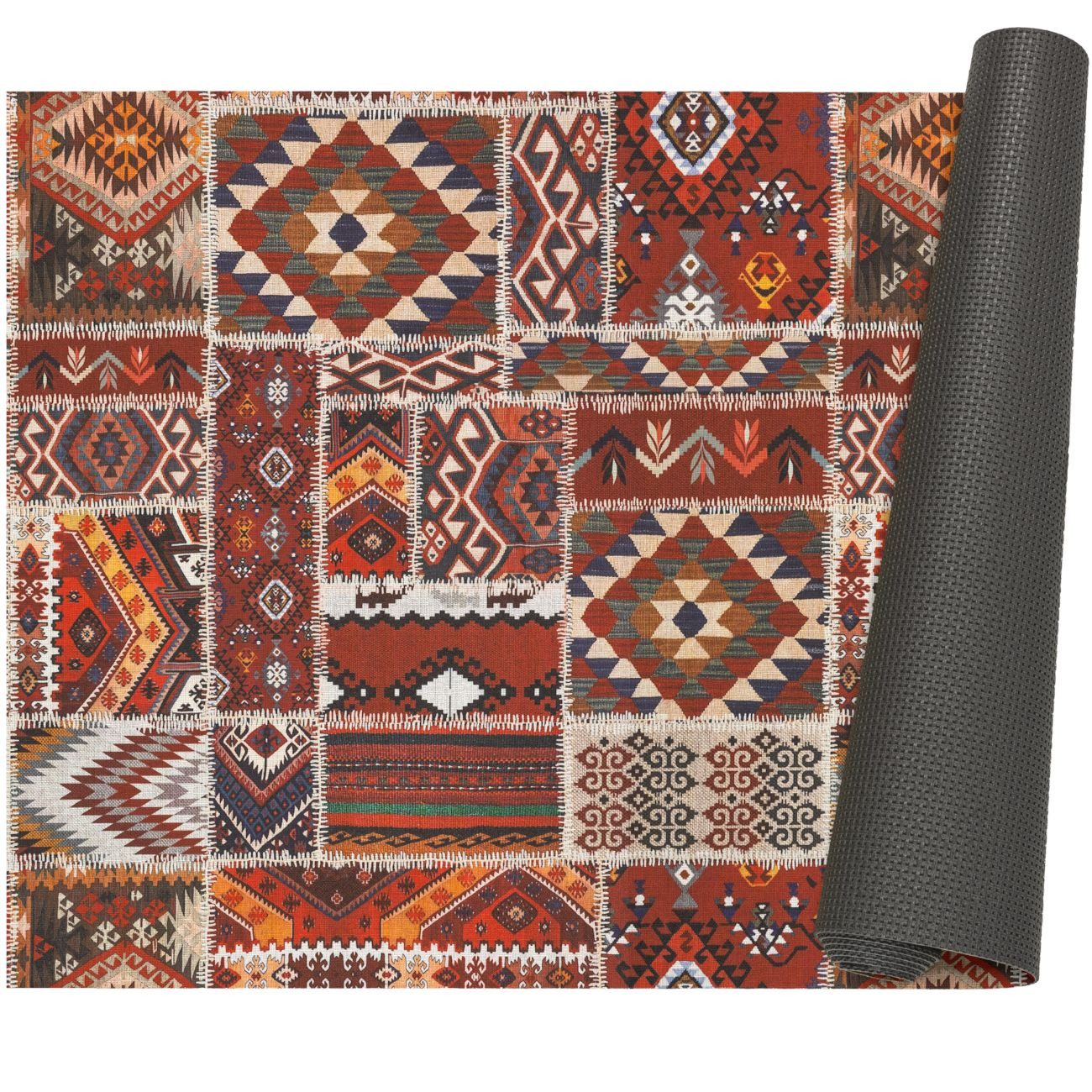 ANRO Küchenläufer Premium Boho RANNA Läufer Küchenteppich Stoff-Teppich, Rechteckig, Höhe: 3 mm, Stoff schmutzabweisend 67x100cm Patchwork Rot robust