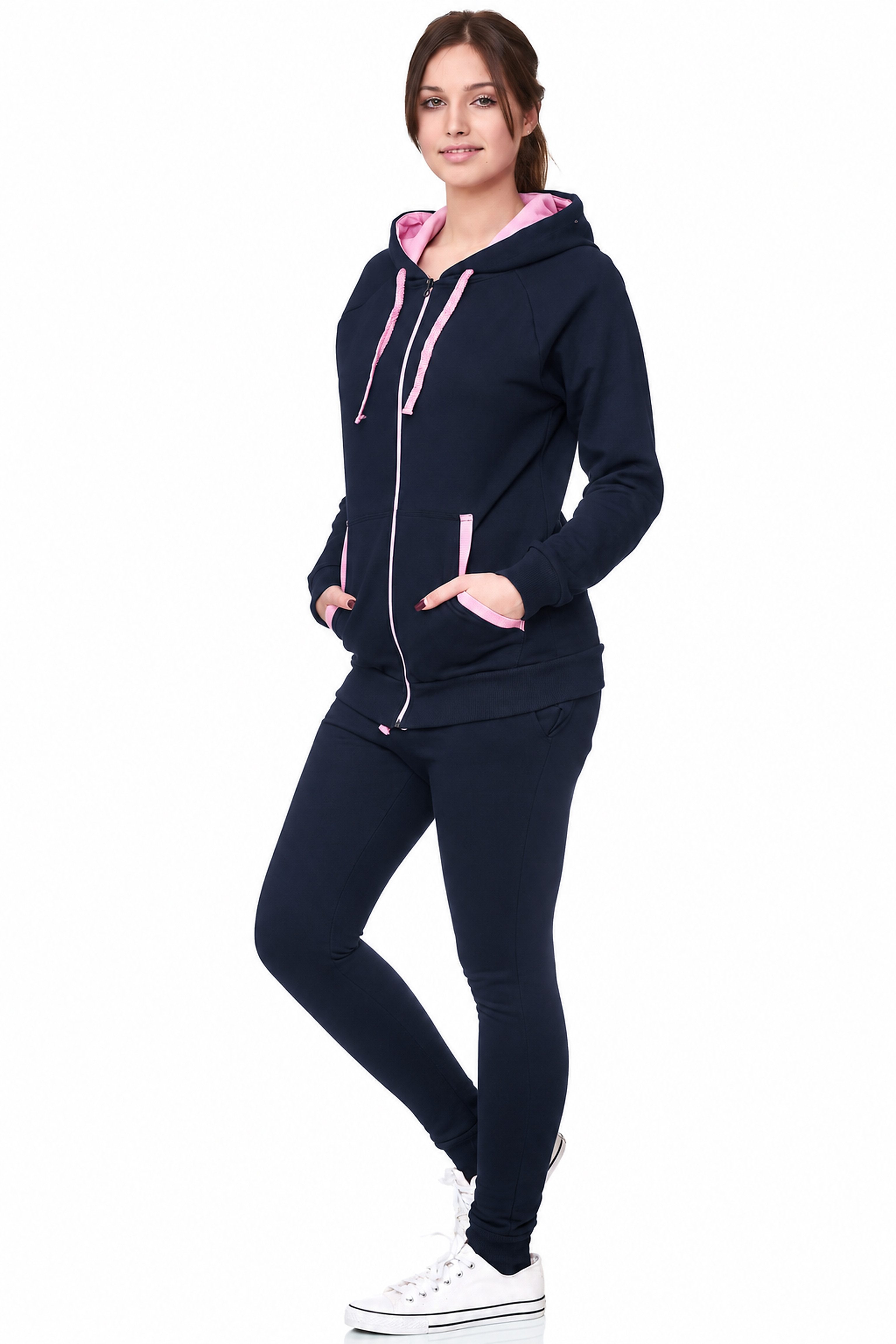 L.gonline Freizeitanzug Damen Freizeitanzug Jogginganzug Sweatwear 704 Schwarz-Rose 3XL (Kapuzenjacke mit Reißverschluss, Hose, 2-tlg), Fitness Freizeit Casual