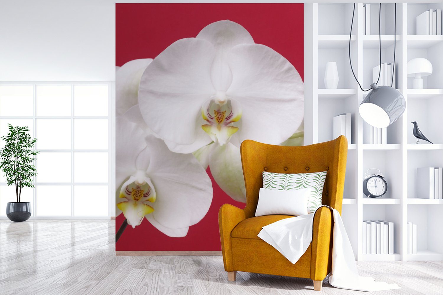 bedruckt, auf Rot, Orchidee Tapete Wandtapete für Vinyl MuchoWow Montagefertig Wohnzimmer, Matt, (4 Fototapete Weiße St),