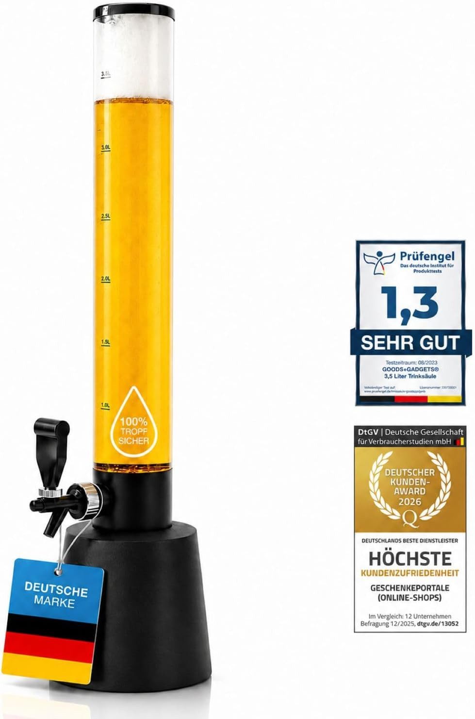 Goods+Gadgets Trinksystem Biersäule mit Zapfhahn Getränkespender Party Fass Bier Tower