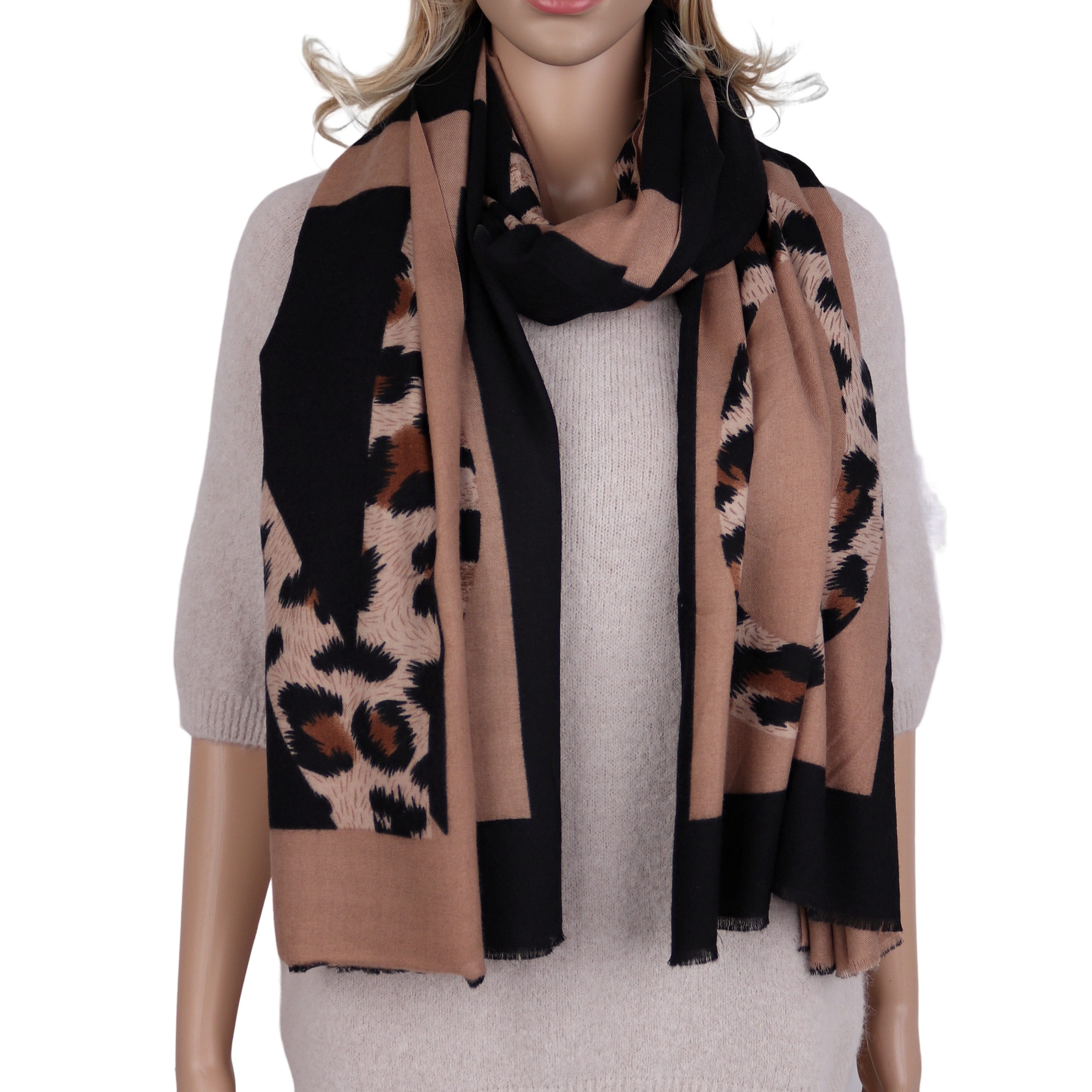 MIRROSI Modeschal weicher Schal Leo Leopard kurz Fransen, ca.90x190cm, (Neu günstig online kaufen